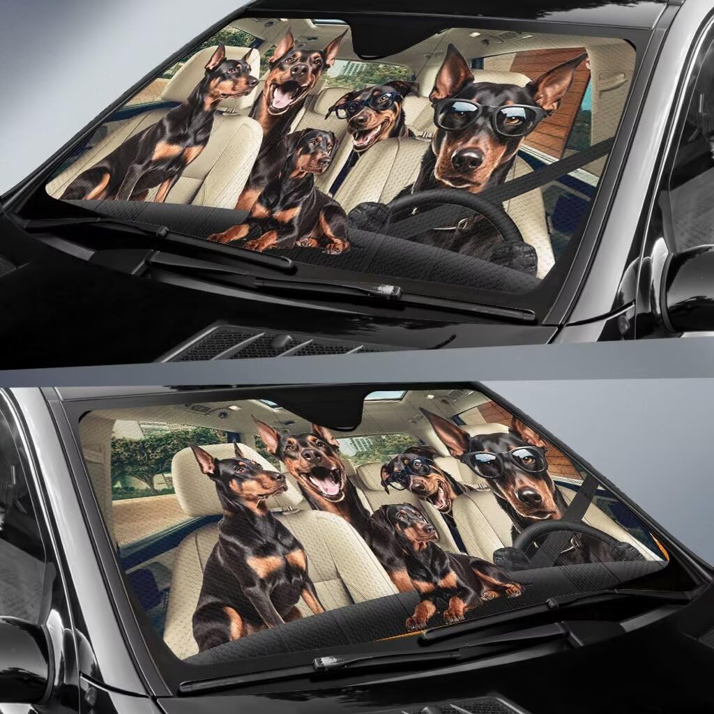 Doberman Dog Driver Car Front Window Sun Shield Sun Visor, Funny Animal Auto Windshield Sunshade Pet Dogs Foldable Car Sunshield Protector Car Interior Accessories for SUV Truck RV Van