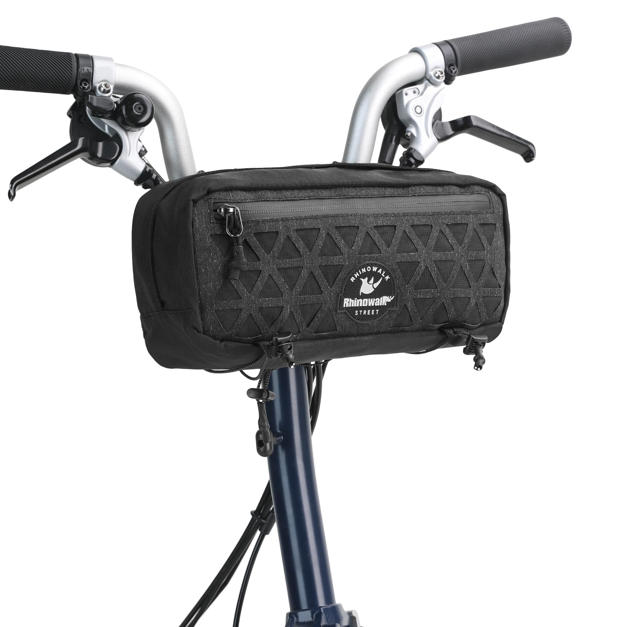 Rhinowalk Handlebar Bag for Brompton Folding Bike & Road Bikes, 1.9L Compact Pouch with Shoulder Strap, 3-Point Mounting, Front Zipper Pocket, Internal Storage for Cycling & Commuting (Black)