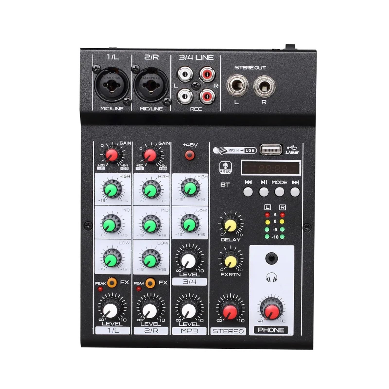 Consolle DJ, Mixer audio-dio a 4 canali Console audio Riproduzione MP3 Console BT Mixer audio-dio digitale Effetto riverbero EQ a 3 bande Alimentatore DC 5V