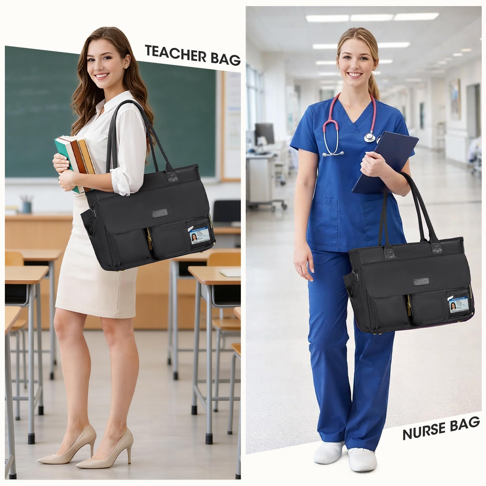 RAINSMORE Lehrertasche Damen mit Lunchfach 17.3 Zoll Laptoptasche Groß Isoliertes Fach Wasserdicht Arbeitstasche für Büro Uni Reisen Shopper Handtasche Schwarz