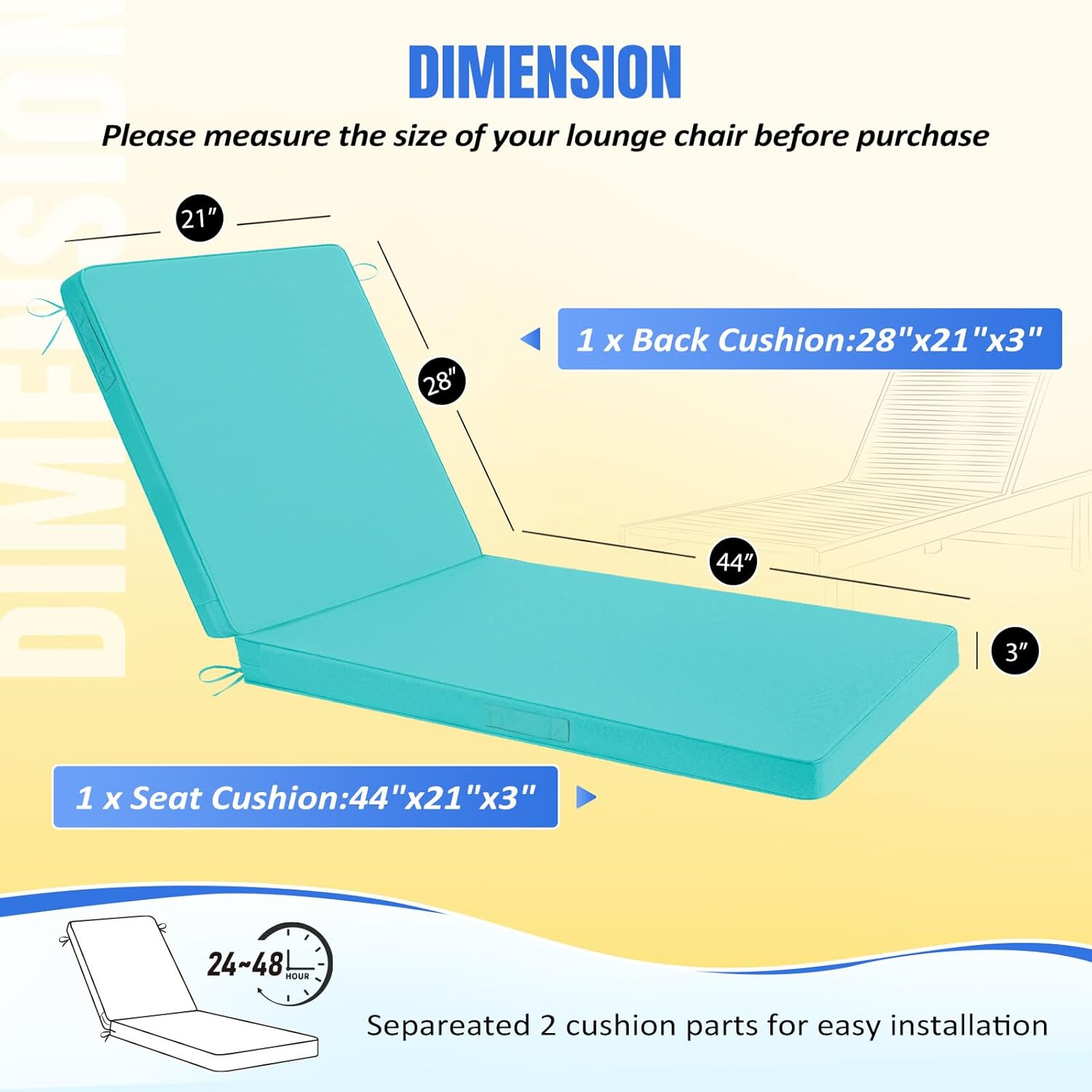Basic Beyond Chaise Lounge Cushions Outdoor, 3-Layer Waterproof Outdoor Furniture Cushions with Removable Cover and 4 Ties, 72"x21"x3" Patio Lounge Chair Cushions for Outdoor Furniture, Teal
