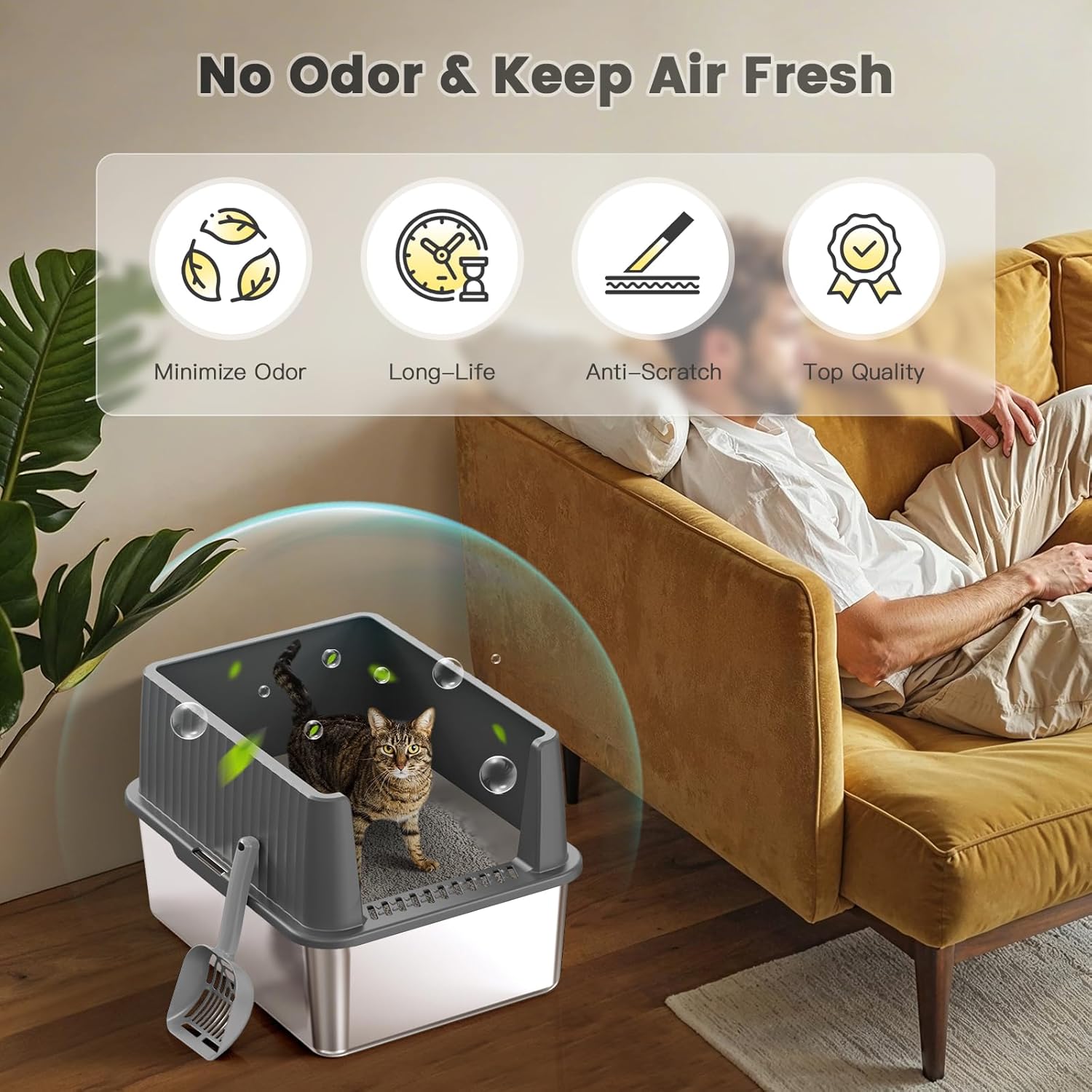 2PACK Stainless Steel Cat Litter Box with Lid,Metal Litter Box with High Side for Cats,Anti-Leakage Non-Sticky Easy Cleaning Include Litter Scoop