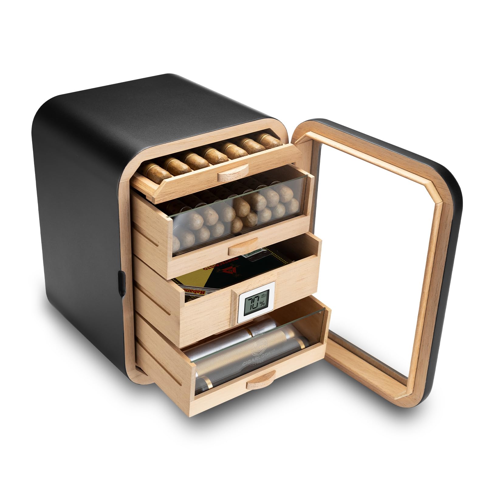 CIGARLOONG Cedar Wood Cigar Humidor Cabinet 4 Layer, Cabinet for 110 Cigars Contain Humidifier&Digital Hygrometer,Luxury Gift for Cigar Lovers (Black)