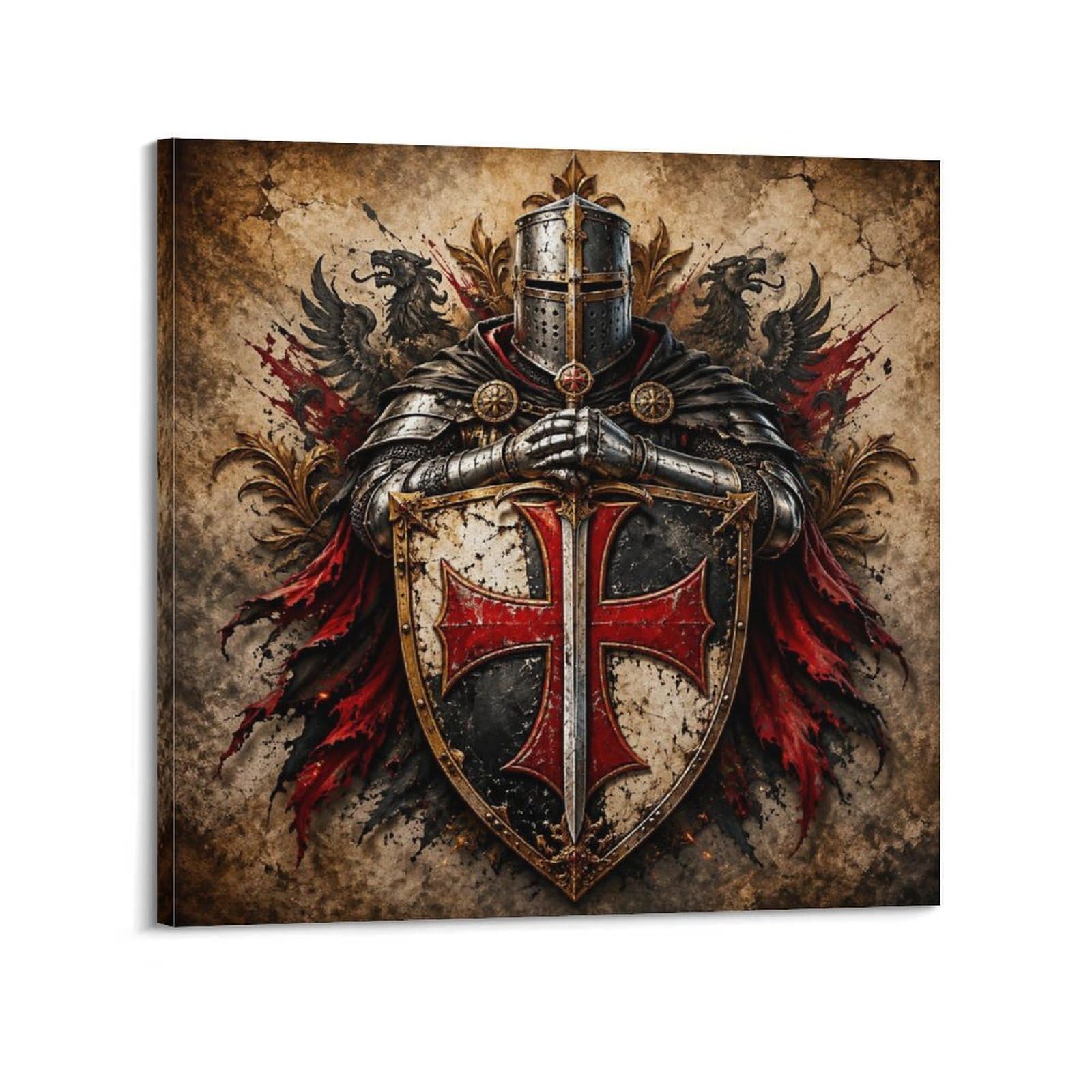 XKUGA Templar Cross Poster Enamel Shield Heraldic Knight Crest Modern Decorative Canvas Prints - Ideal Wall Art for Family, Man Cave, Game Room, Boys & Girls Bedroom 12x12inch(30x30cm)