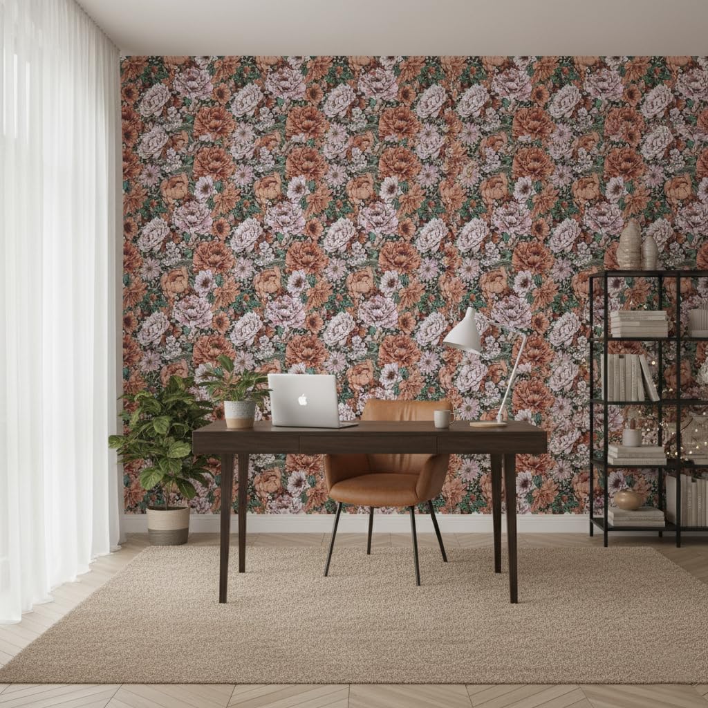 Vintage Peony Wallpaper Peel and Stick 17.71" x 236.2" Large Elegant Flower Print in Light Mocha & Pink Botanical Green Leaves Removable Wallpaper for Accent Wall Dining Room Rental Friendly