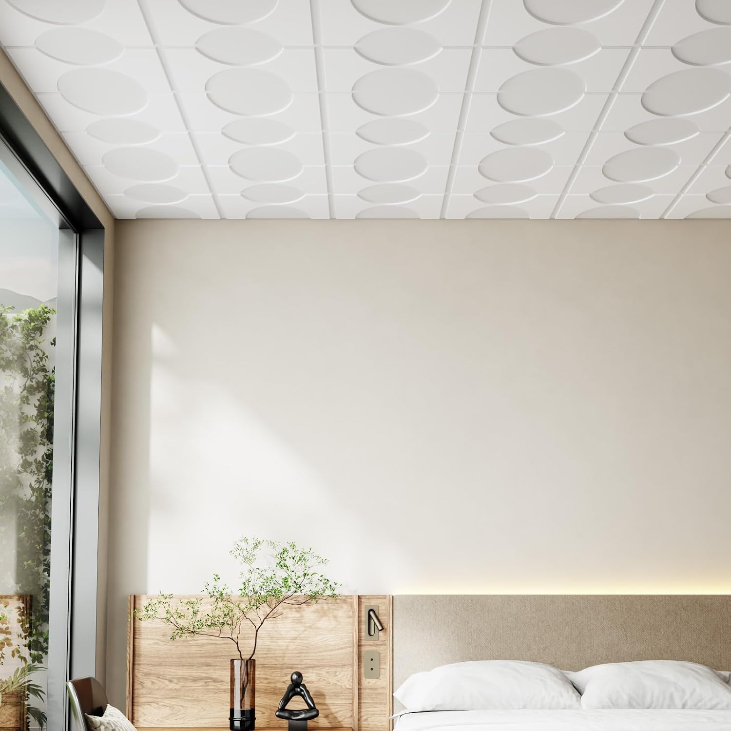 24 PCS 2x2 FT Double-Arch Design Decorative Ceiling Tiles, 24x24 Inch 3D Modern Minimalist Ceiling Panels, PVC Waterproof Cuttable Material Ideal for Living Room Bedroom Cover 96 Sq.Ft