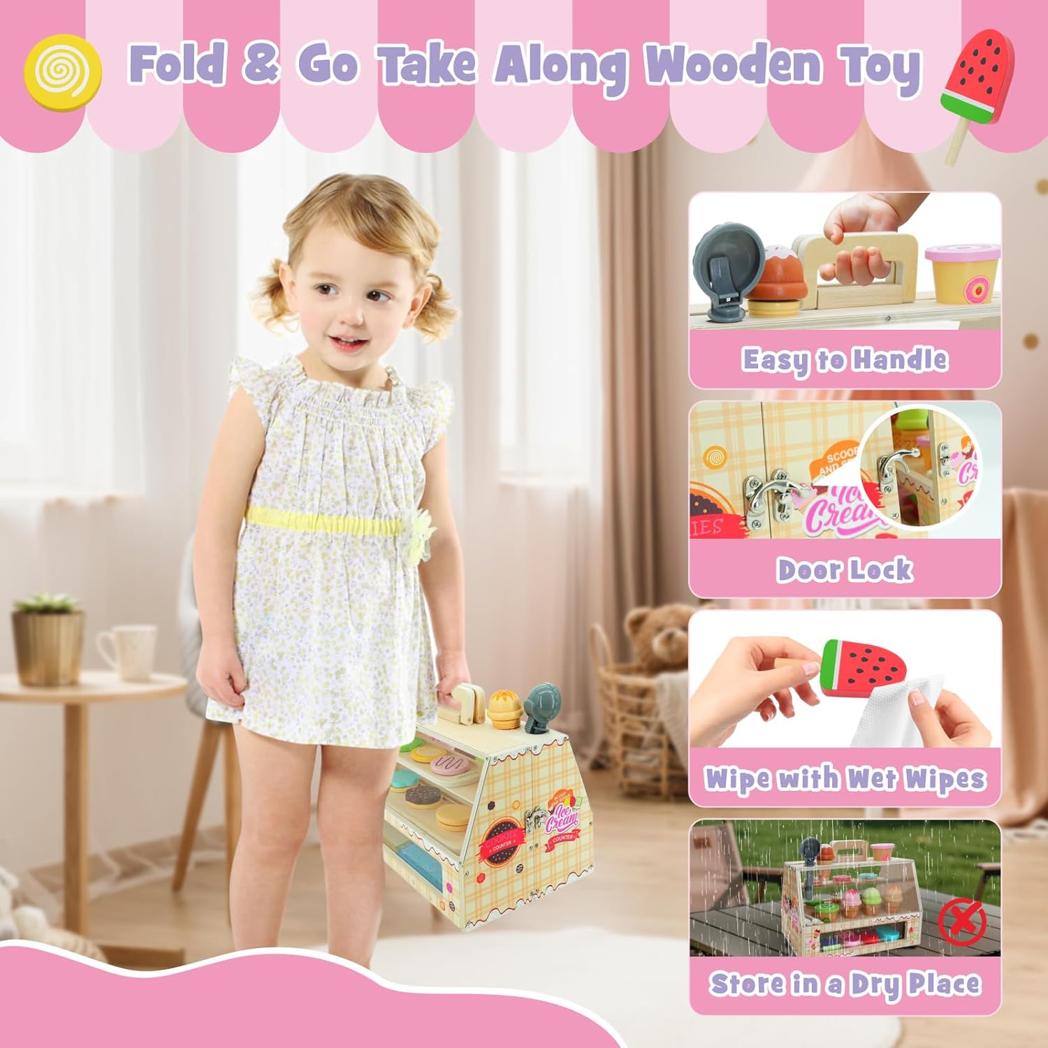 Farm Animal Toys with Portable Large Wooden Barn & 2 in 1 Portable Wooden Ice Cream Toy & Cookie Play Set (63pcs)