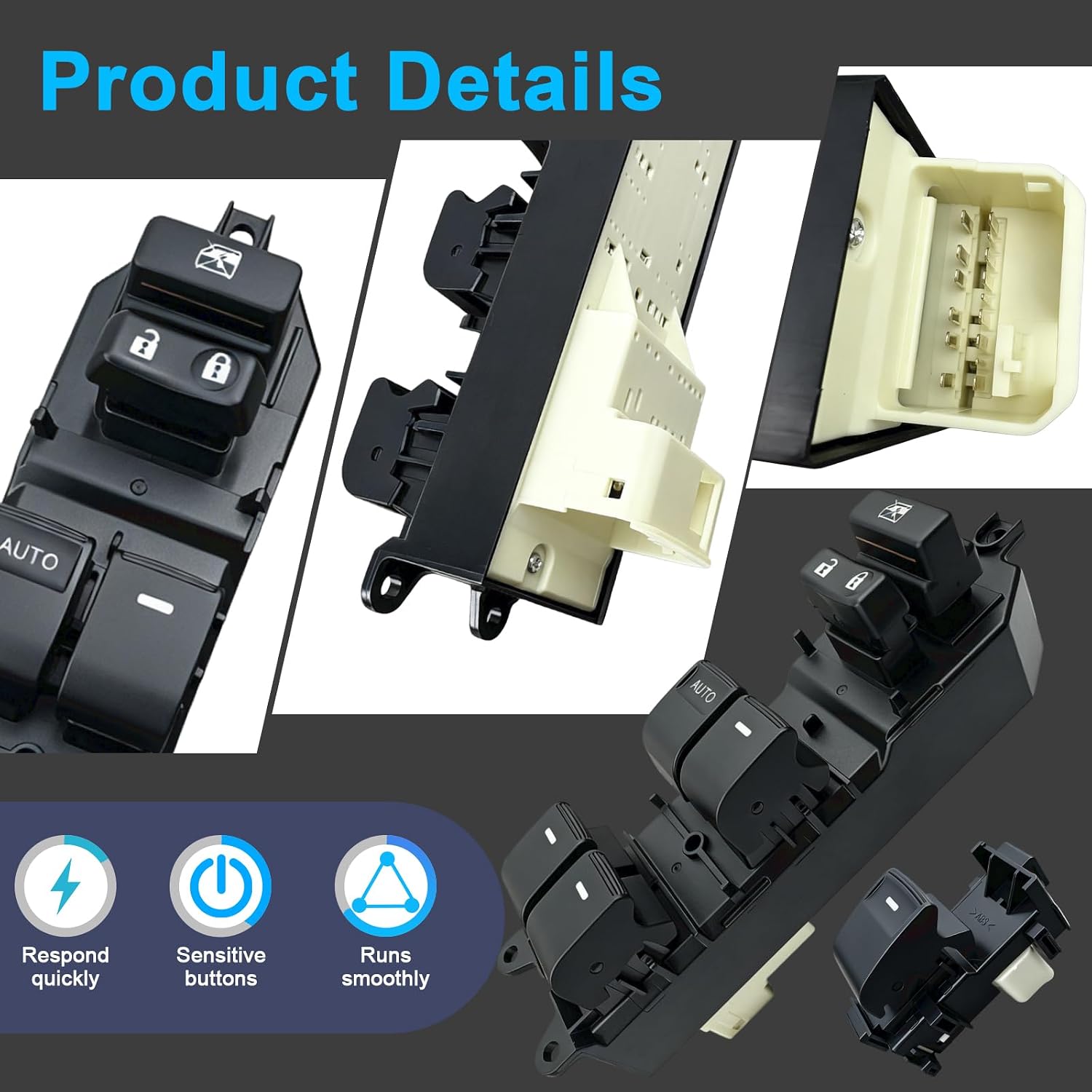 Driver & Passenger Side Window Switch Assembly for 2012 2013 2014 Toyota Camry, Ice Blue LED, Installation Tool Included