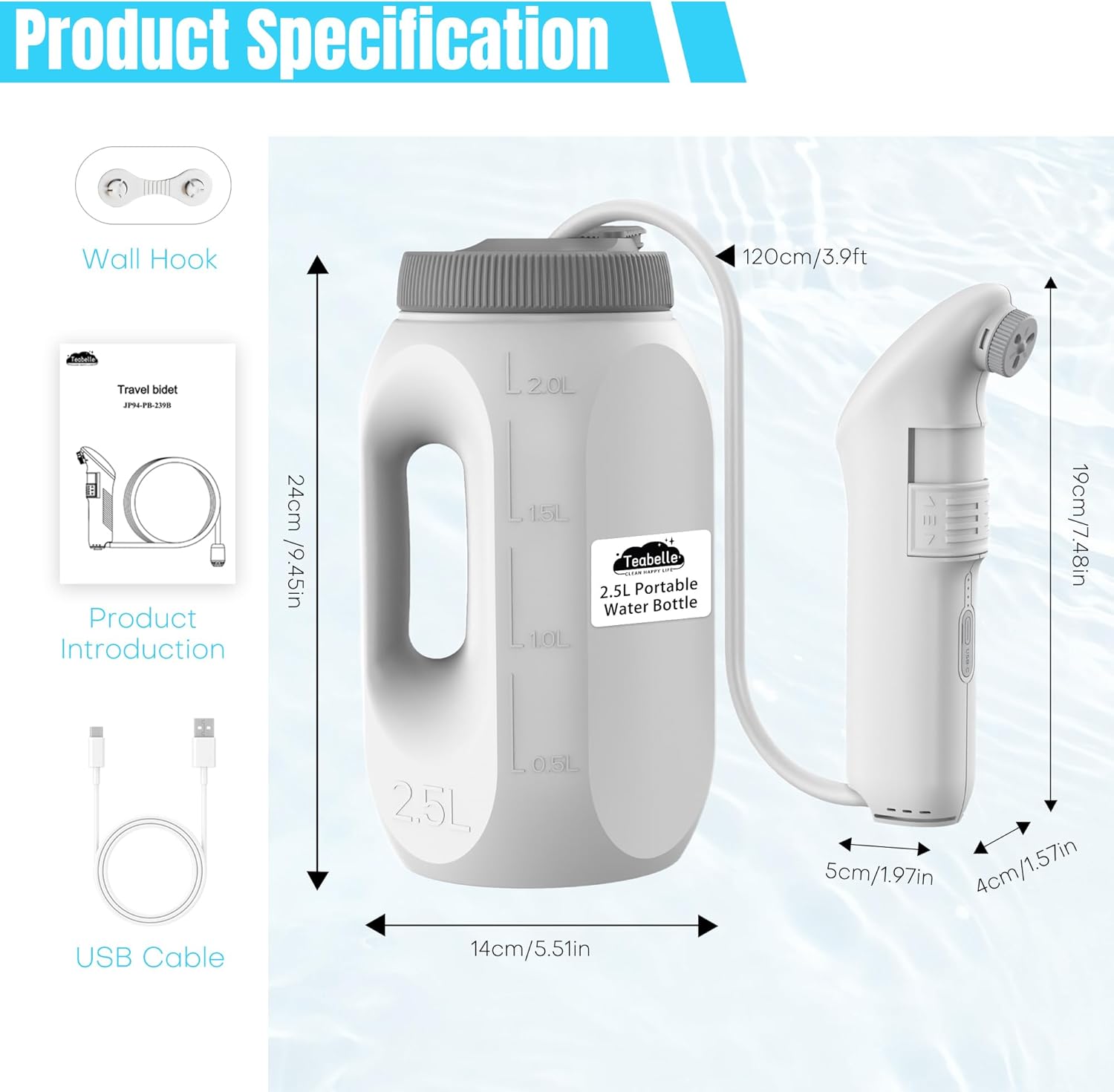 Teabelle Portable High Pressure Electric Bidet with 2.5L Water Bottle, USB-C Rechargeable Travel Bidet, Waterproof Handheld Sprayer for Personal Hygiene & Baby Care