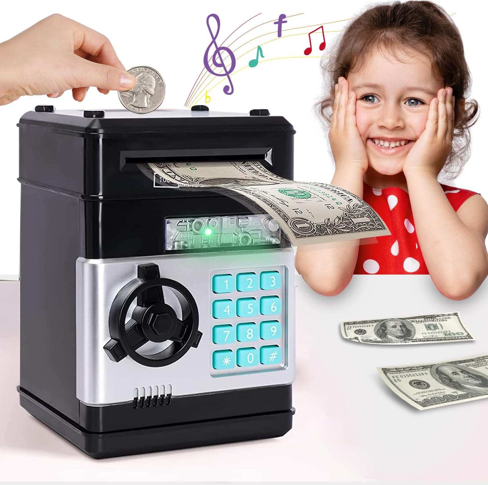Piggy Bank for Kids Boys Girls Money Bank Machine with Password ATM Piggy Bank Coin Electronic Auto Scroll Paper Money Saving Box Toy Christmas Birthday Gifts for 3 4 5 6 7 8 9 Year Old