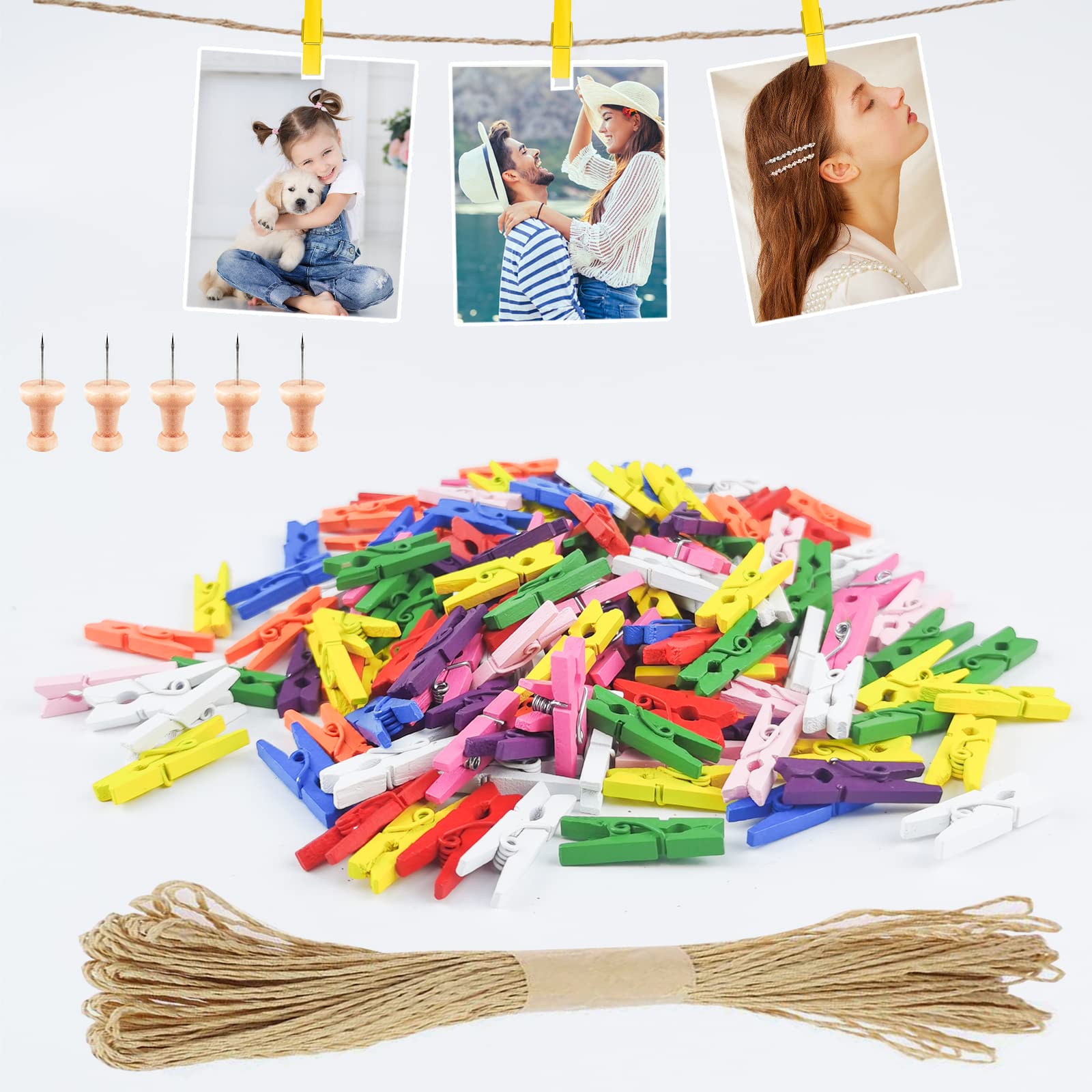 Furuising Multicolor 150Pcs Colour Mini Wooden Pegs, Natural Photo Craft Pegs With 10M Jute String For Wall Display, Wedding, Party