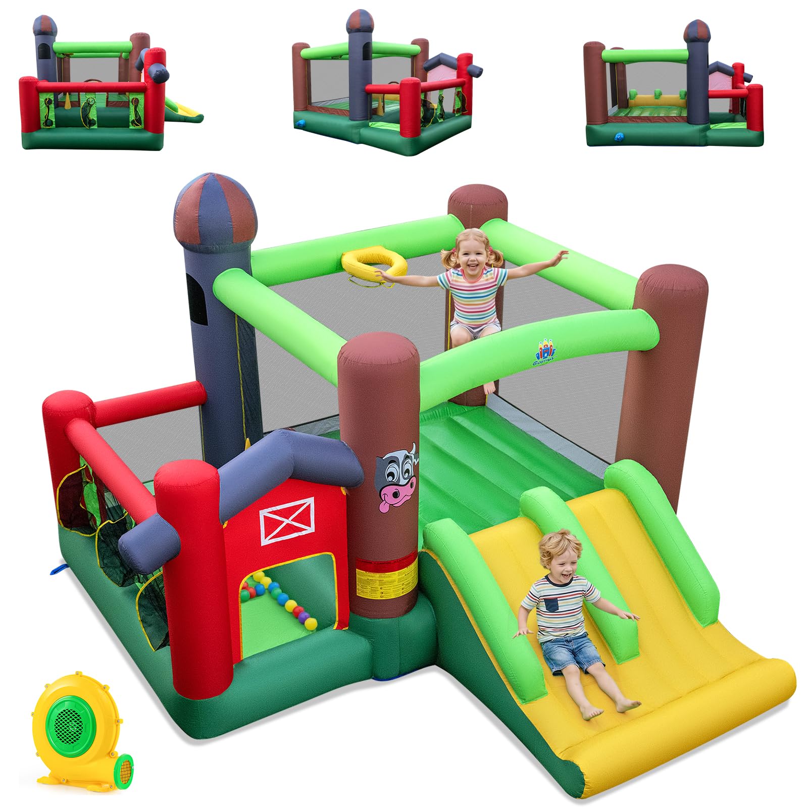 COSTWAY Château Gonflable avec Double Toboggans et Souffleur 680W, Aire de Jeux Gonflable avec Maison de Saut et Piscine à Balles, Panier de Basket, Jeu de Cibles, Intérieur Extérieur, 3-12 Ans