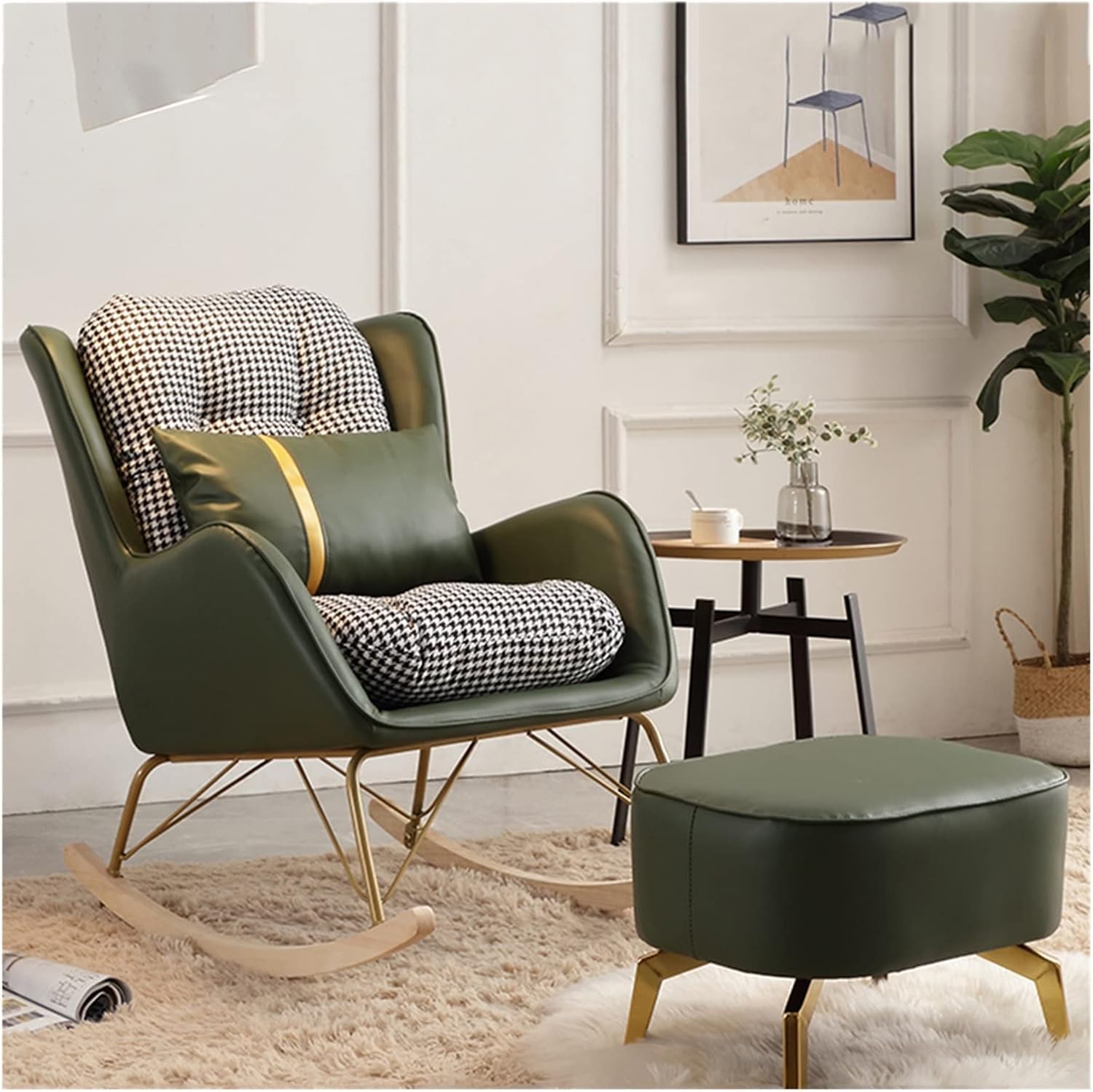Rocking Chair Nursery Glider Rocker Modern Accent Armchair with Lumbar Pillow and Ottoman,Glider Chair for Nursery Mid Century Upholstered Chair Armchair for Living Room (Color : White) (Green )