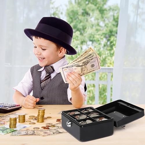 Miniatura 6 de Kasten Caja pequeña con bandeja para dinero, caja de metal con cerradura para niños, 5.9 x 4.7 x 3.2 pulgadas, color negro