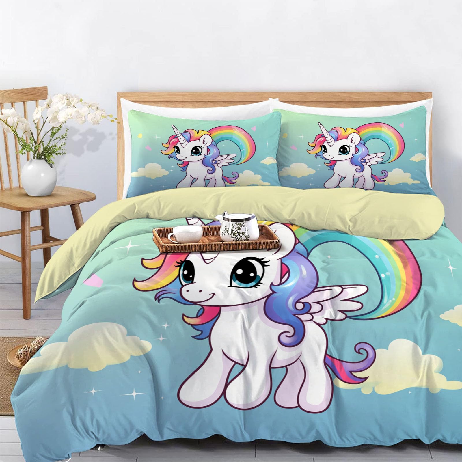 Housse de couette licorne 220x240 cm réversible en microfibre douce