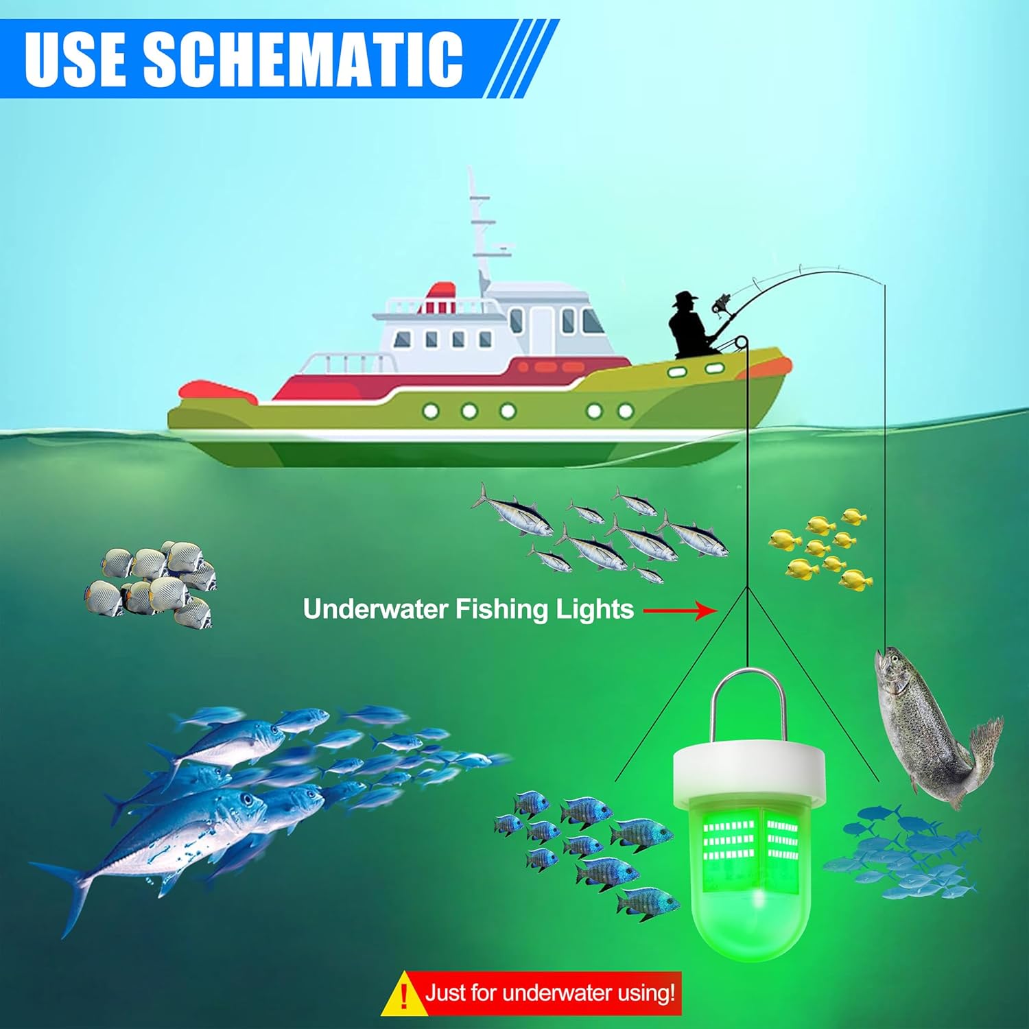 Underwater Fishing Light 80W 12V 40000 Lumens Green Attracting Fish Light LED Fishing Light Submersible Fish Finder Lamp IP68 Waterproof for Freshwater and Saltwater