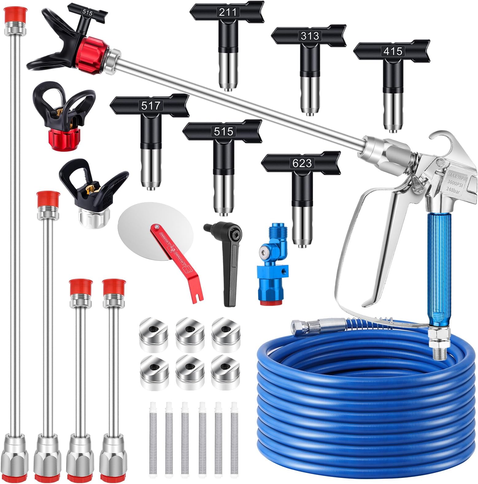 22Pcs Airless Paint Sprayer Gun Kit, 3600PSI Spray Gun with 50Ft x 1/4“ NPT Airless Paint Sprayer Hose & 6Pcs Reversible Spray Tips & Guide Tool & 4Pcs Extension Wand & 6Pcs Filters