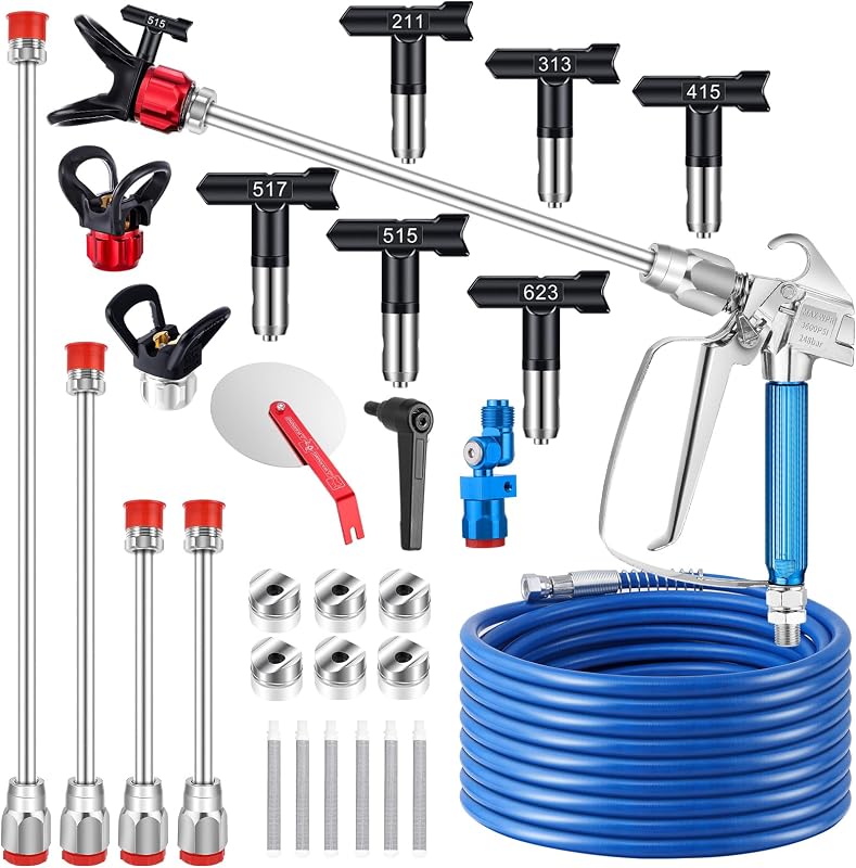 22Pcs Airless Paint Sprayer Gun Kit & 50Ft x 1/4“ NPT Hose, 3600PSI | with 6 Reversible Spray Tips, 4 Extension Wands, 6Pcs Filters & Guide Tool, Spray Gun for Painting Fits Most Sprayers