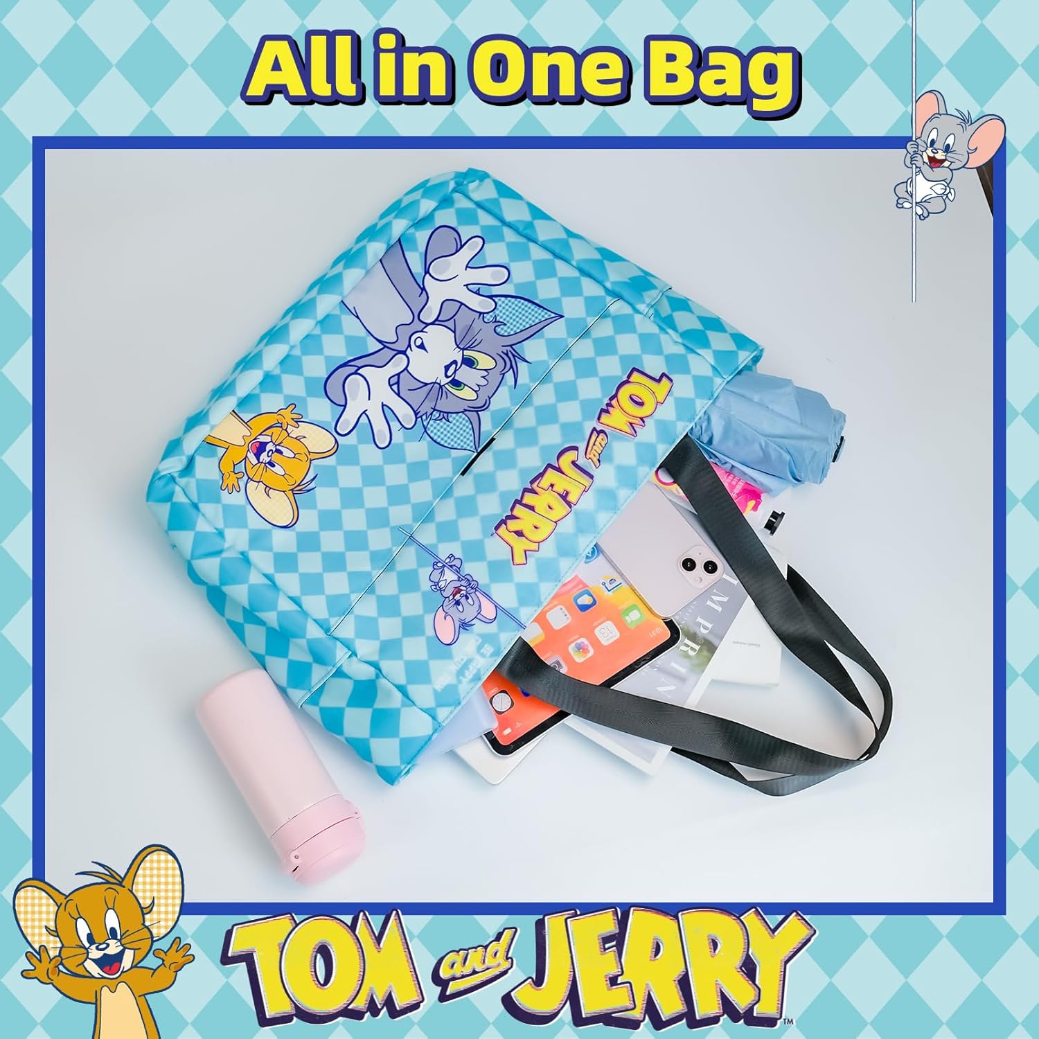 Tom and Jerry Tote Bag for Women, Lightweight Cartoon Shoulder Bag Handbag with Zipper for Travel, Work, Gym, Christmas Gifts