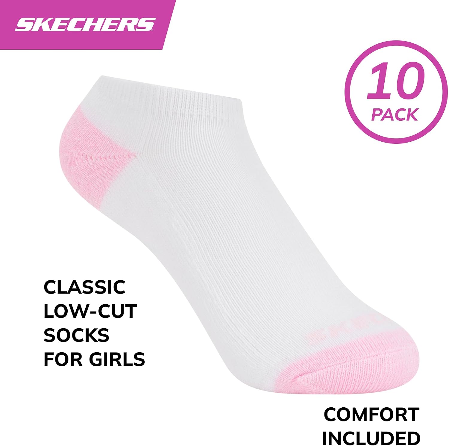 Skechers Girls 10-pack Performance No Show Socks, Everyday Wear for Kids, Soft & Comfort-fit