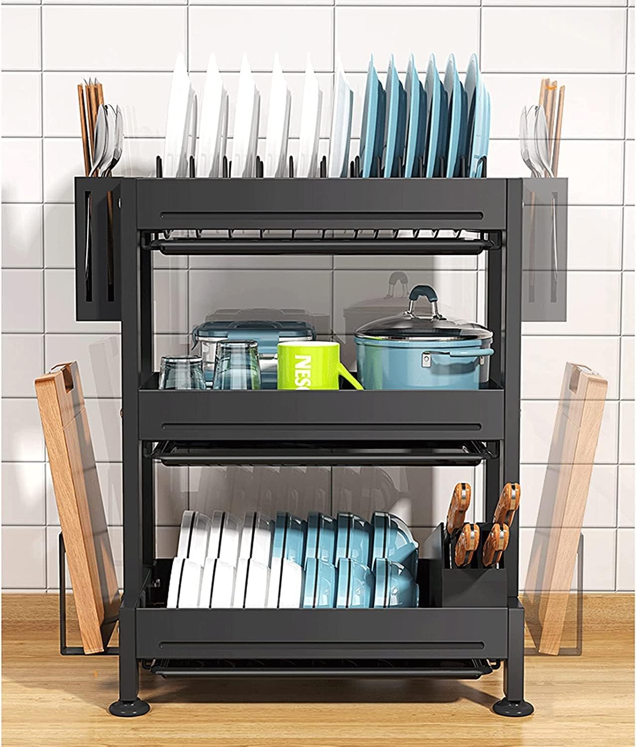 Dish Drainers Dish Drainer Cupboard Three-Layer Dishes Drying Rack Kitchen Shelves Dish Racks for Counter Cutlery Basket