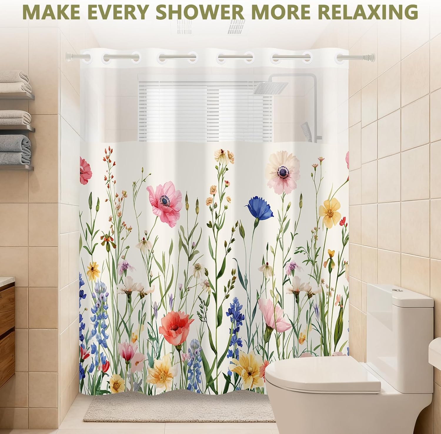No Hook Shower Curtain with Snap in Removable Liner, Double Layer Waterproof Bathroom Shower Curtain with See Through Window and Weighted Hem, Watercolor Floral Bath Curtain, 71" W x 74" L