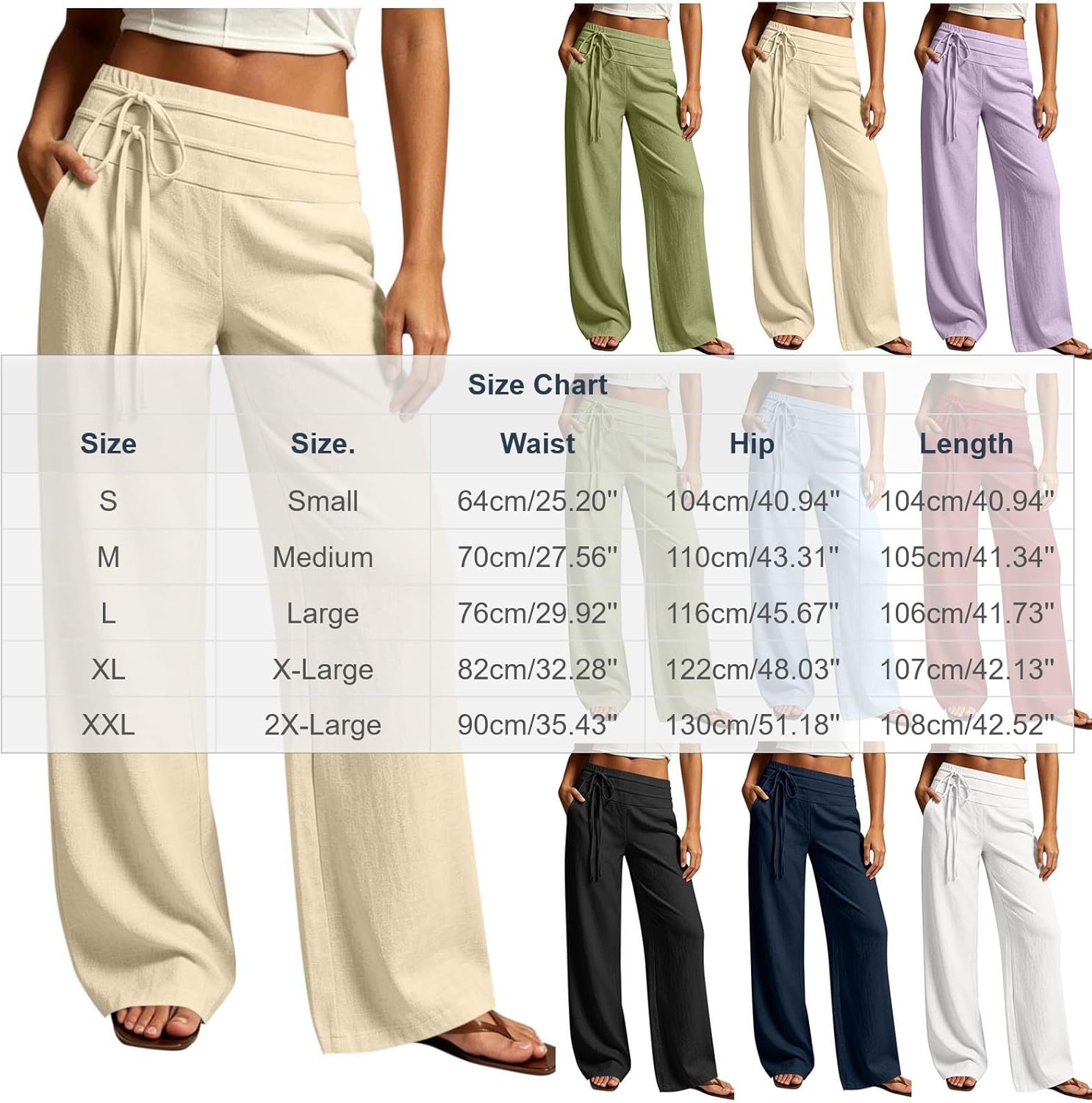 Casual Linen Pants for Women Pull On Wide Leg Palazzo Trousers Summer Beach Vacation Travel Pants with Pockets
