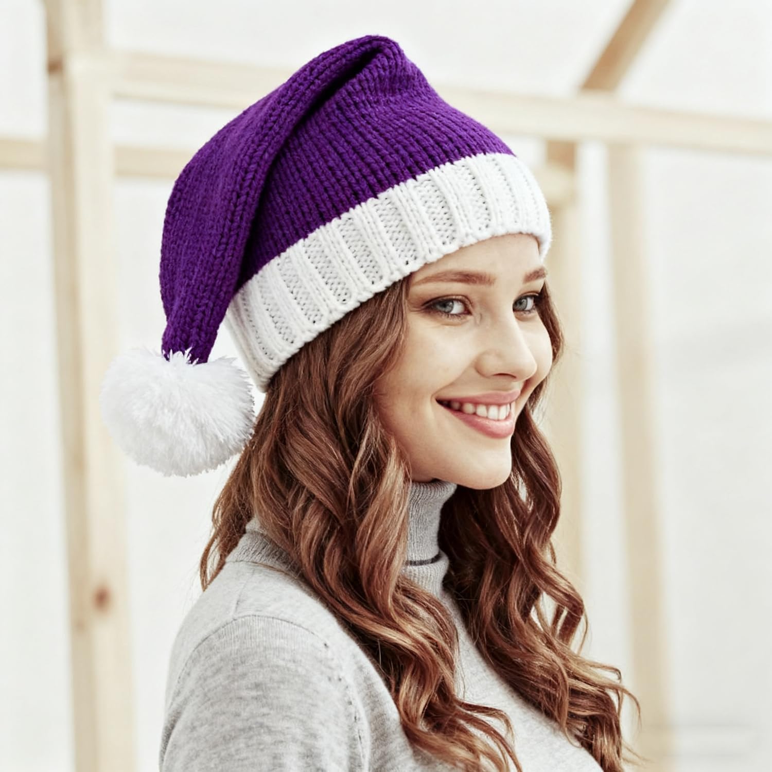 Christmas Knit Santa Hats for Women,Purple Christmas Hat Xmas Winter Warm Hats Knitted Beanie Skull Cap - Image 3