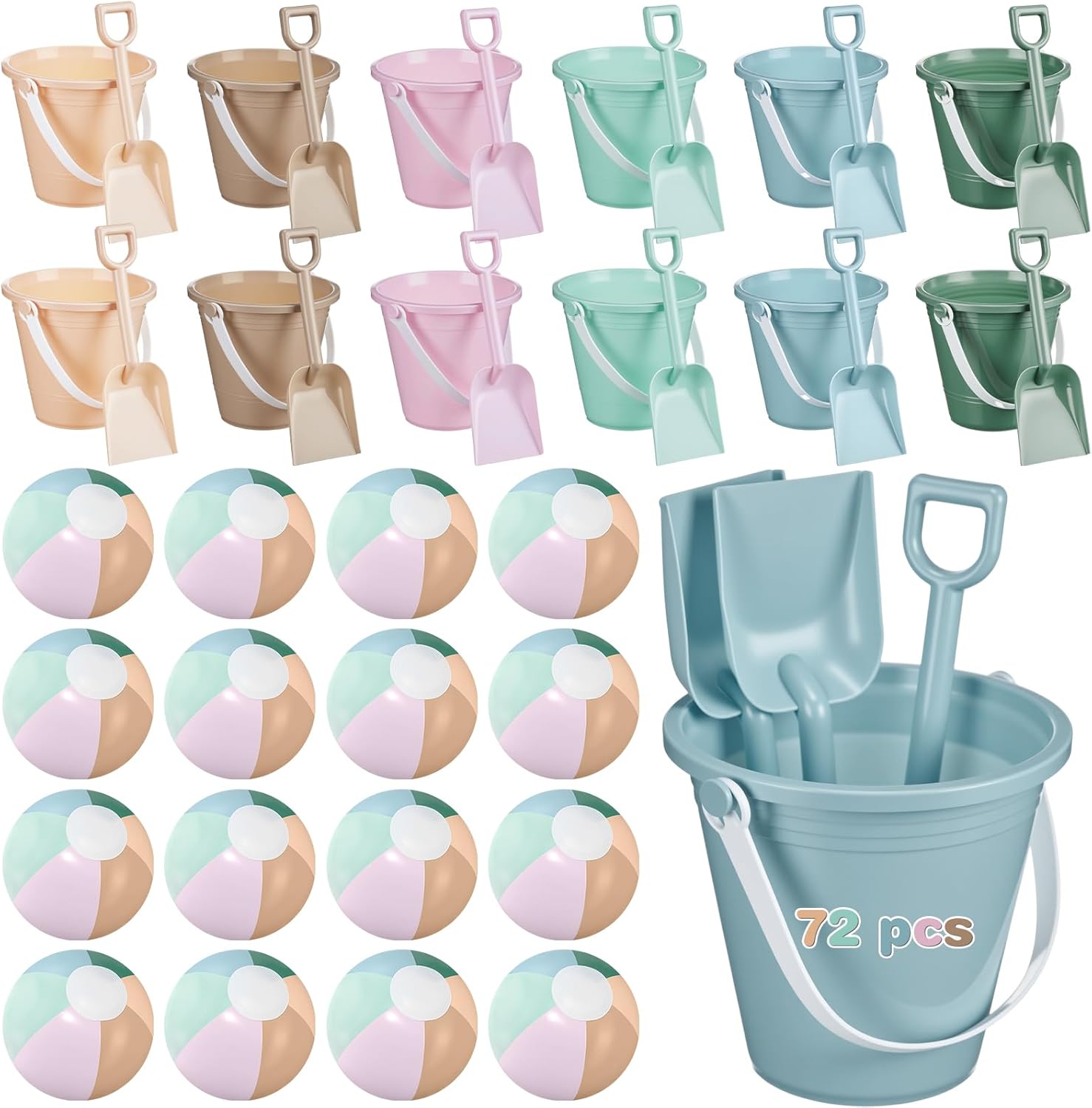 Lunmon 72 Pcs Beach Toys for Kids 24 Set Sand Buckets Shovels Bulk Pastel Beach Balls Inflatable Sand Toys for Girls Boys Toddlers Games Birthday Summer Pool Party Favor (Morandi, Vivid)