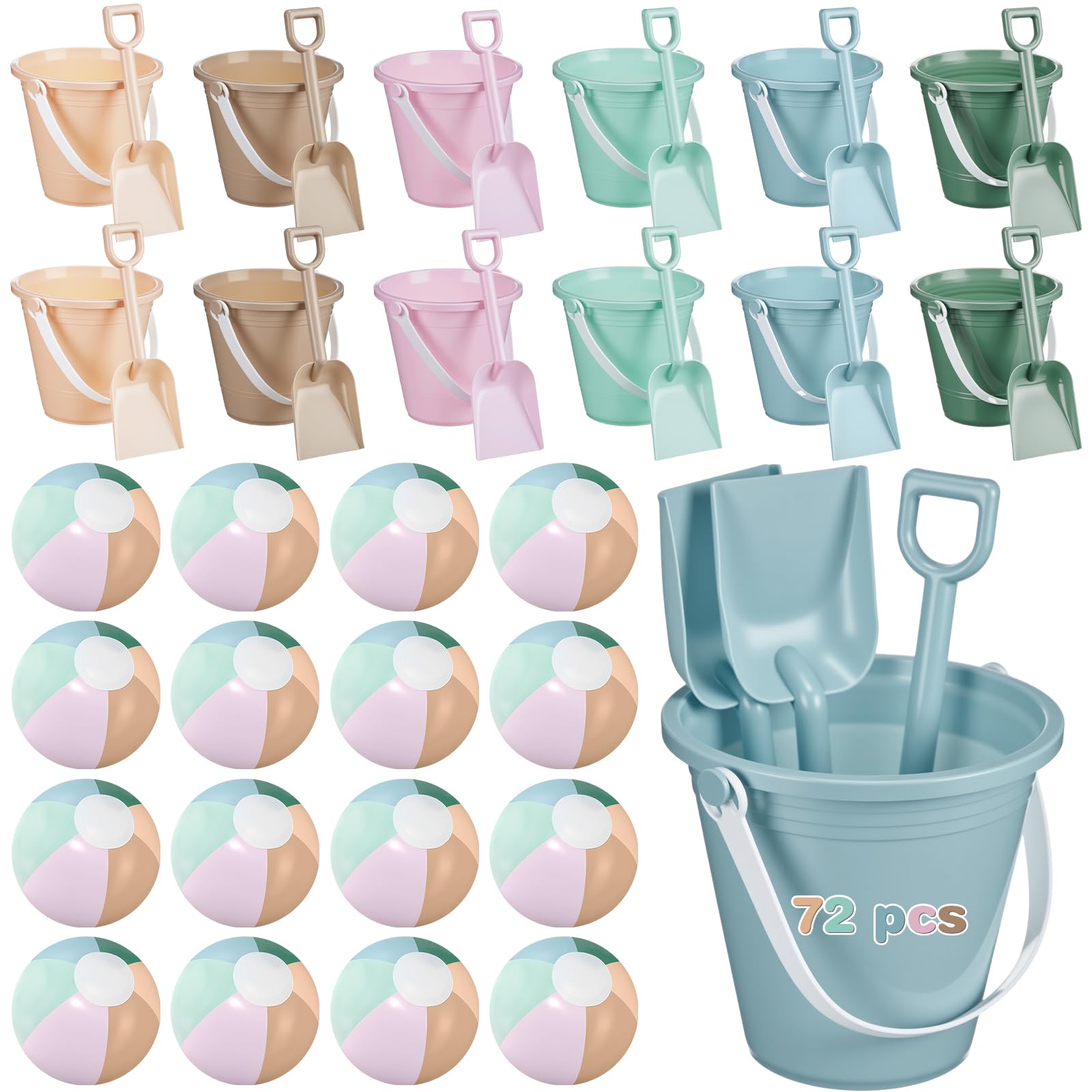 Photo 1 of Lunmon 72 Pcs Beach Toys for Kids 24 Set Sand Buckets Shovels Bulk Pastel Beach Balls Inflatable Sand Toys for Girls Boys Toddlers Games Birthday Summer Pool Party Favor (Morandi, Vivid)