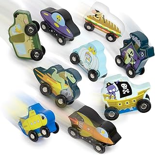 Crazy Racers Miniature Wooden Car Toys Set – 9-Piece Unique Wooden Train Cars in Storage Box - Includes Unique Custom Designs – Wacky Vehicles for Train Tracks, Car Rugs, & Racetrack Toys for Kids