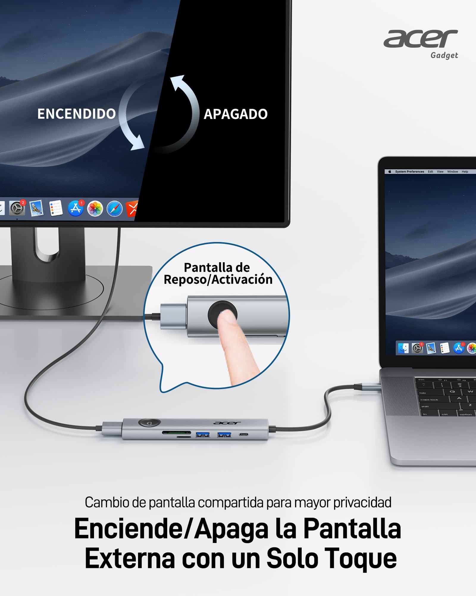 Acer Hub USB C 7 en 1, Docking Station 4K@60Hz Con 2 Puertos USB 3.0, PD 100W, Adaptador HDMI Con Botón de Encendido/Apagado Para Macbook, iPad Pro/Air, PC y Tabletas