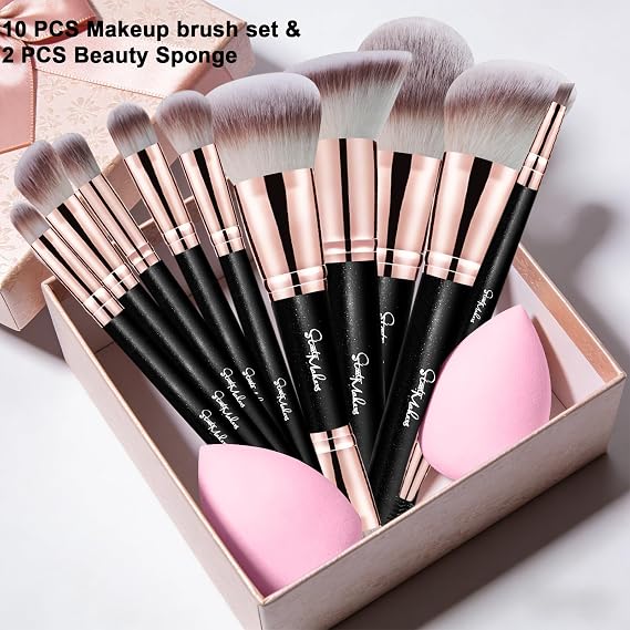 Start Makers 12 Pcs Makeup Brushes Set Premium Double Sided Makeup Brush Foundation Powder Blush Concealers Eyeshadows Brush with 2 Pcs Makeup Sponges Cruelty Free Cosmetic Tools