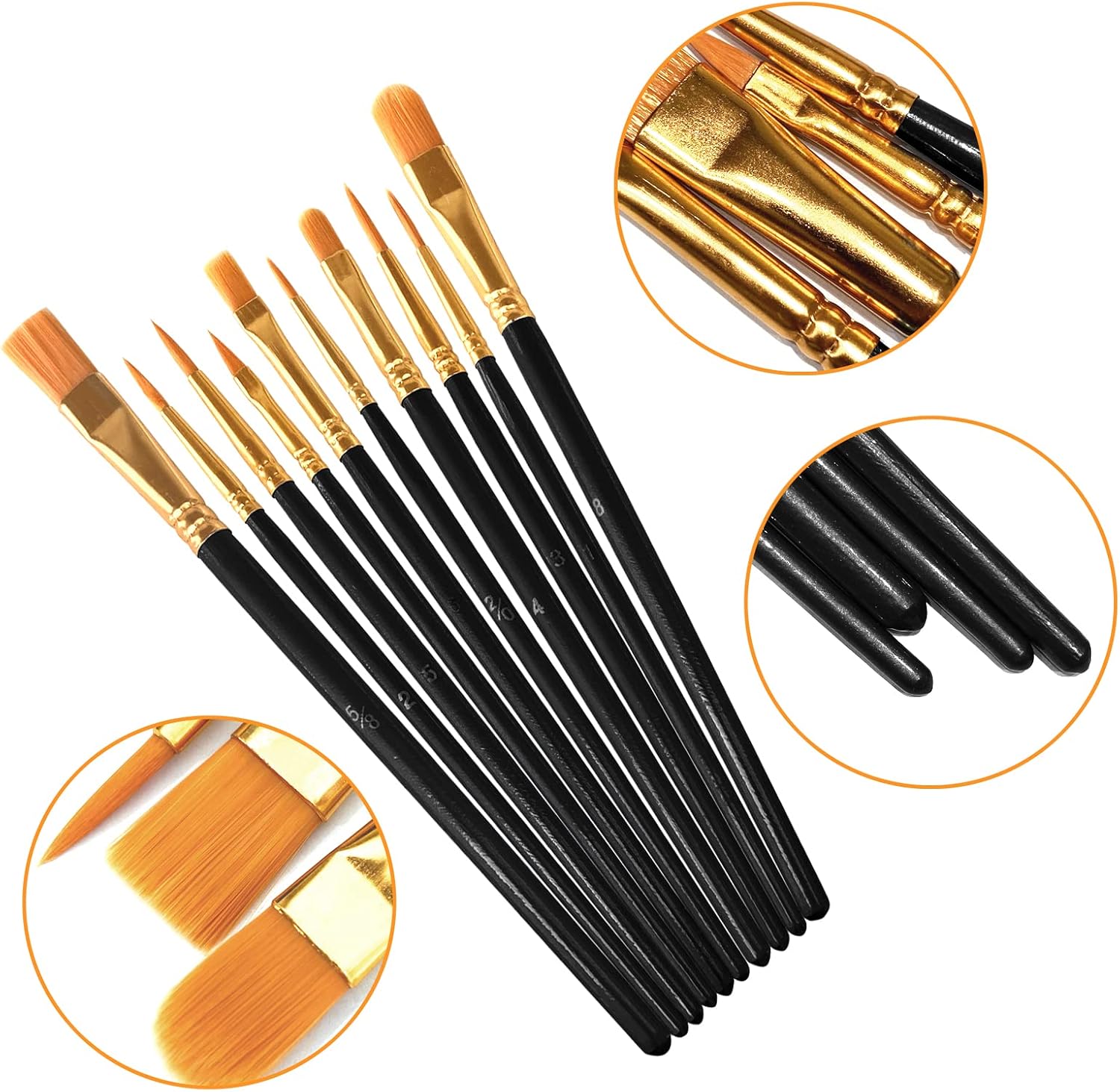 10 Pack Nylon Hair Paint Brushes Set for Acrylic, Watercolor and Oil Painting - Black Craft Brushes