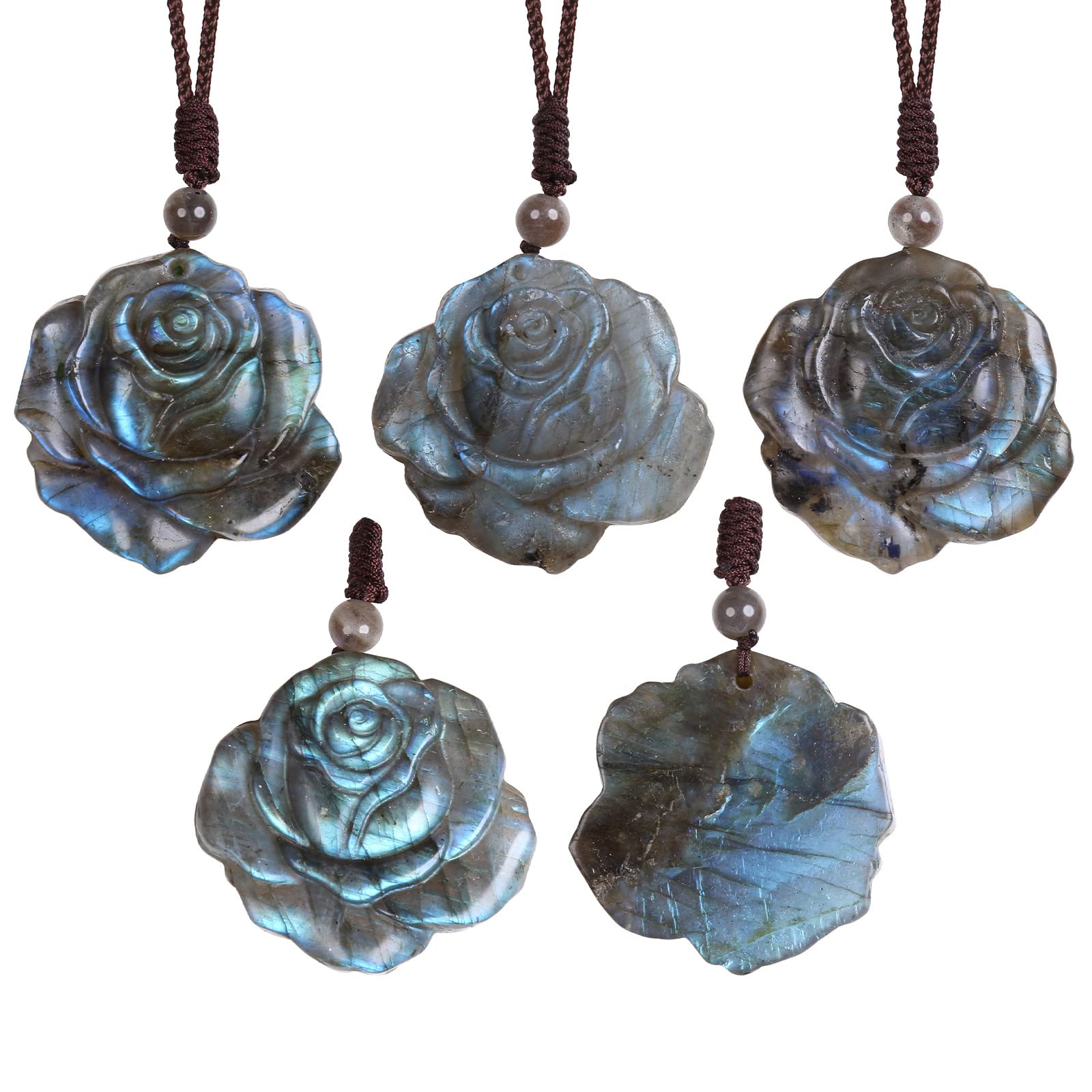 Nupuyai Rose Flower Labradorite Crystal Stone Necklace for Women Men Natural Carved Stone Pendant with Adjustable Rope - Image 3