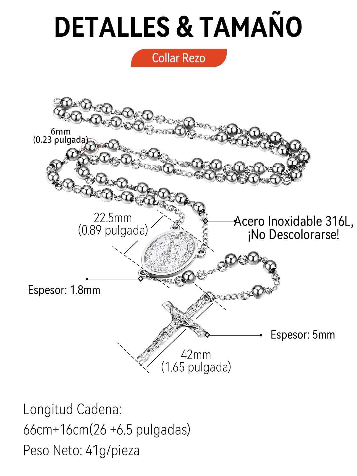 FaithHeart Collar Rosario Hombre Mujer Acero Inoxidable 316L Medalla San Miguel/Benito/Cristóbal/María con Cruz Jesucristo Joyería Religiosa para Rezo