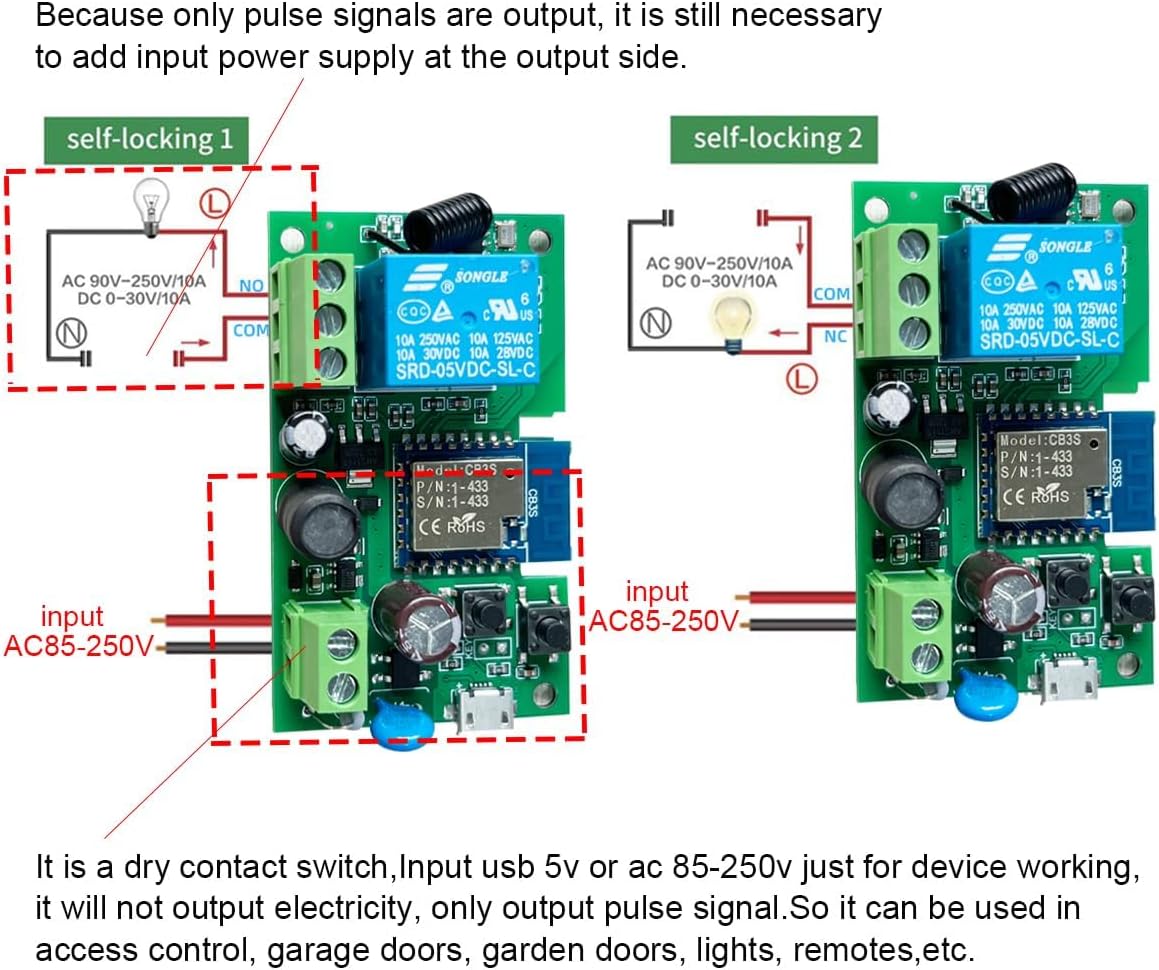 Wiring diagram for self-locking mode with AC 90V-250V input and output to a light bulb