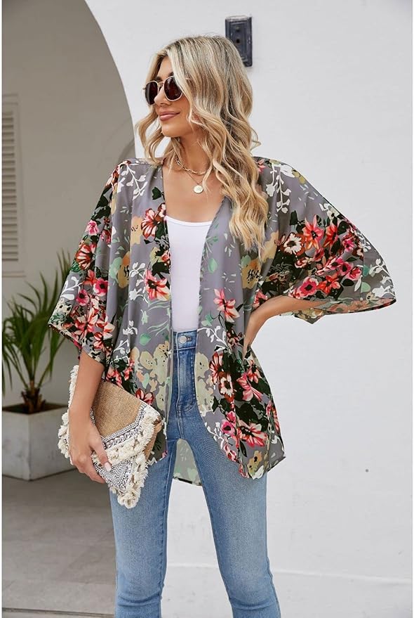 BB&KK Women's Floral Kimono Summer Short Cover Ups Tops 3/4 bell sleeve, flowy loose style. Long enough to cover hip. Retro-chic and feminine, easily stand out