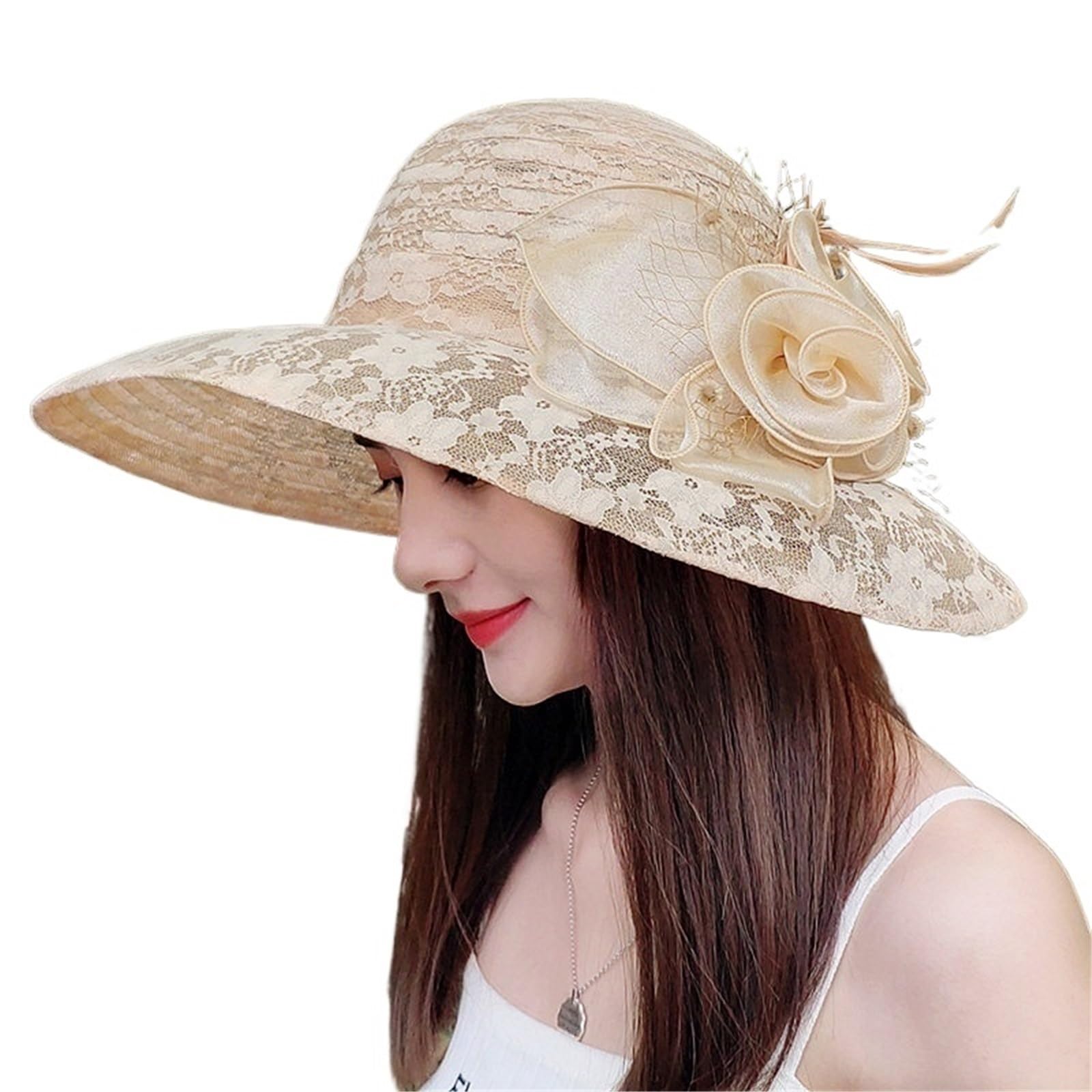 Affascinante Cappello Grande da Donna Tea Party Matrimonio Estate Organza Donna Fiore Fedora Vintage a Tesa Larga