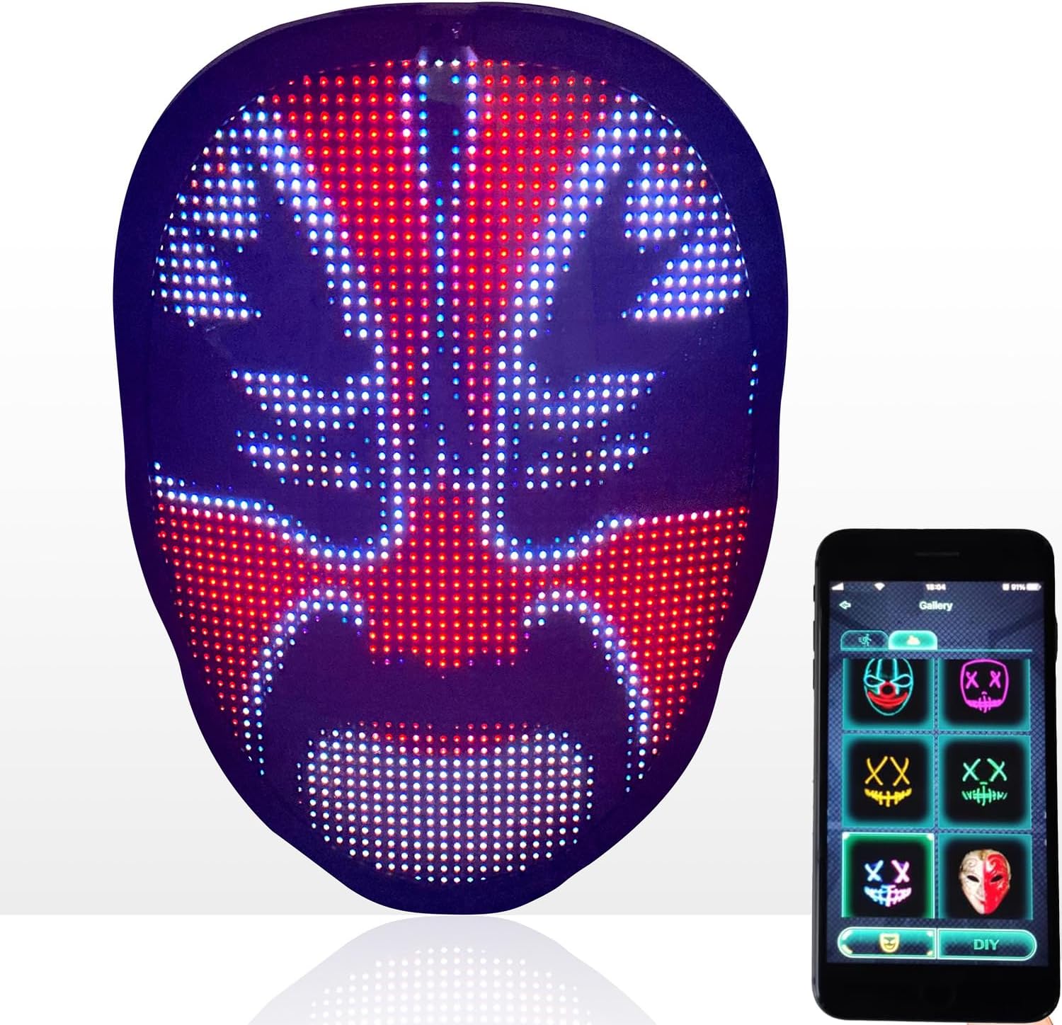 Halloween LED Lighted Face Transforming Mask, Shining Mask for Fun Parties Birthday Christmas Festival Cosplay Costume, APP or Gesture Control, Rechargeable