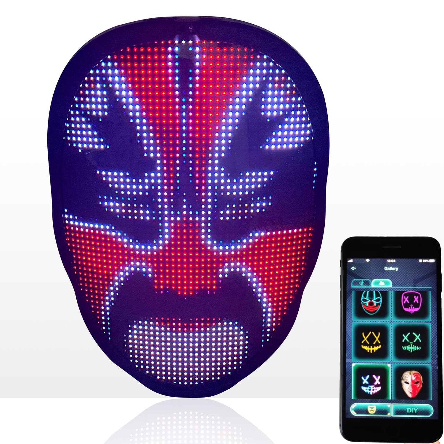 Halloween LED Lighted Face Transforming Mask, Shining Mask for Fun Parties Birthday Christmas Festival Cosplay Costume, APP or Gesture Control, USB Rechargeable