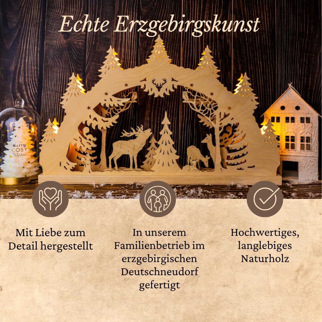 WEIGLA - Schwibbogen original Erzgebirge I Lichterbogen Weihnachten I Motiv Hirschfamilie I 7 Lampenkerzen + 1 Ersatzlampe I 7 x 34 V, 3 W, E10 I beleuchtete Weihnachtsdeko innen
