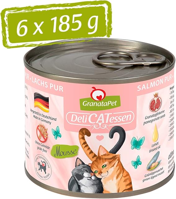 GranataPet Delicatesse łososia PUR, mokra karma dla kotów, karma bez zbóż i bez dodatków cukru, karma dla kotów z dużą zawartością mięsa i wysokiej jakości oleje, 6 x 185 g