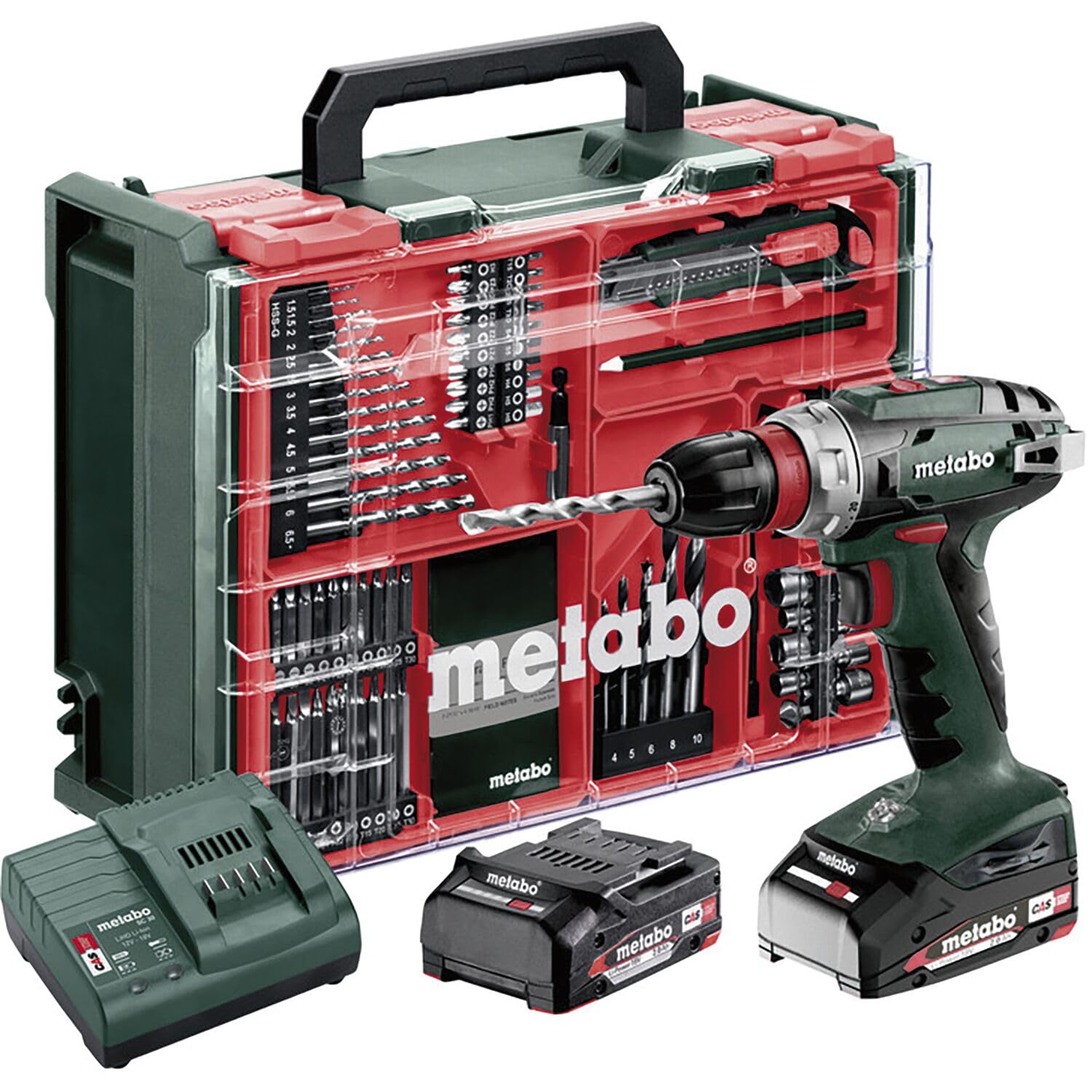 Metabo BS 18 Quick Set 602217710 wiertarko-wkrętarka akumulatorowa (18 V 2 x 2 Ah LiPOWER, ładowarka SC 30, walizka z tworzywa sztucznego z 74-częściowym mobilnym warsztatem)