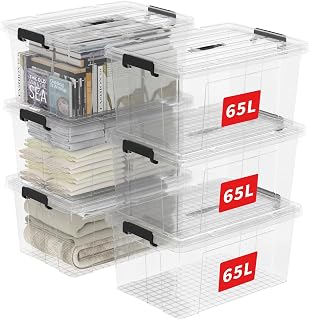 Storage Bins on Handle, Storage Box, Plastic Tote, Organizing Container with Durable Lid and Click Lock, Stackable, Nestable, Polypropylene(PP), BPA Free, 65L-6 Pack, Clear