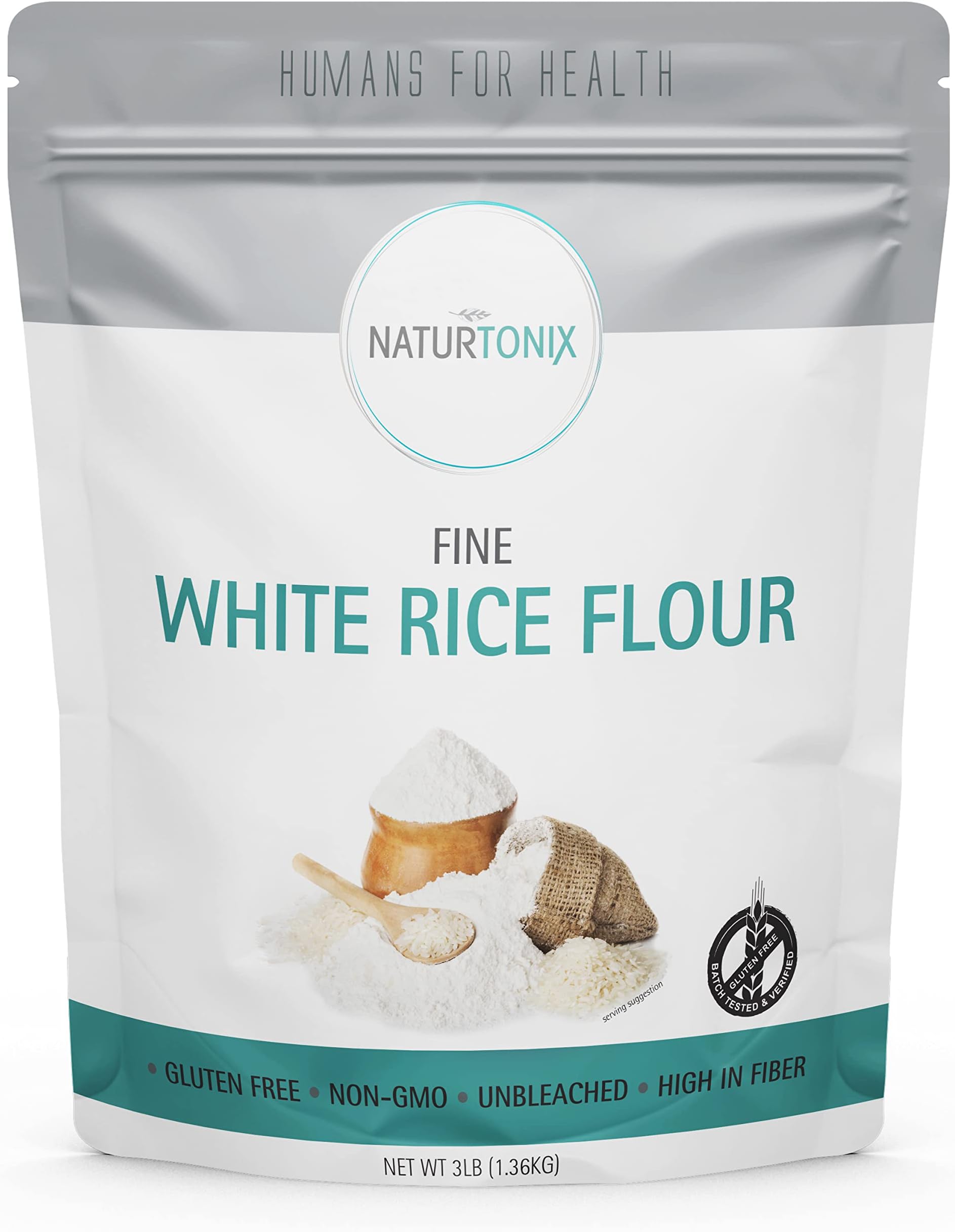 Naturtonix Fine White Rice Flour, Great for Gluten Free Baking, Non-GMO, Certified Kosher, Regular Flour Substitute, Unbleached, Makes Noodles, Thickens Sauce or Soup, 3 Pound [Packaging May Vary]