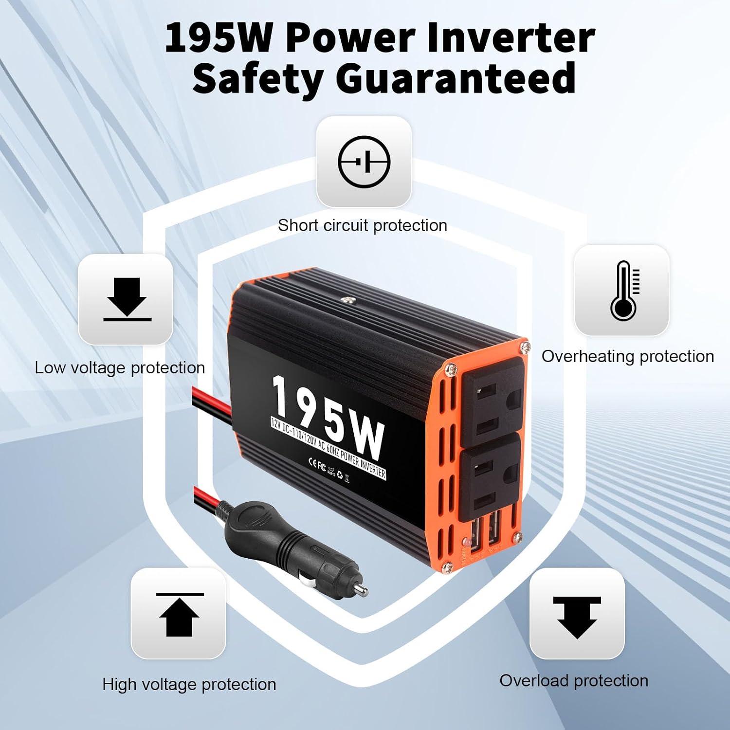 Power Inverter Car/Home 12V DC to 120V/110V AC Converter with LED Display, 2 AC Outlets, USB & Type-C Port, Remote Control and Cables Included (018-195W)