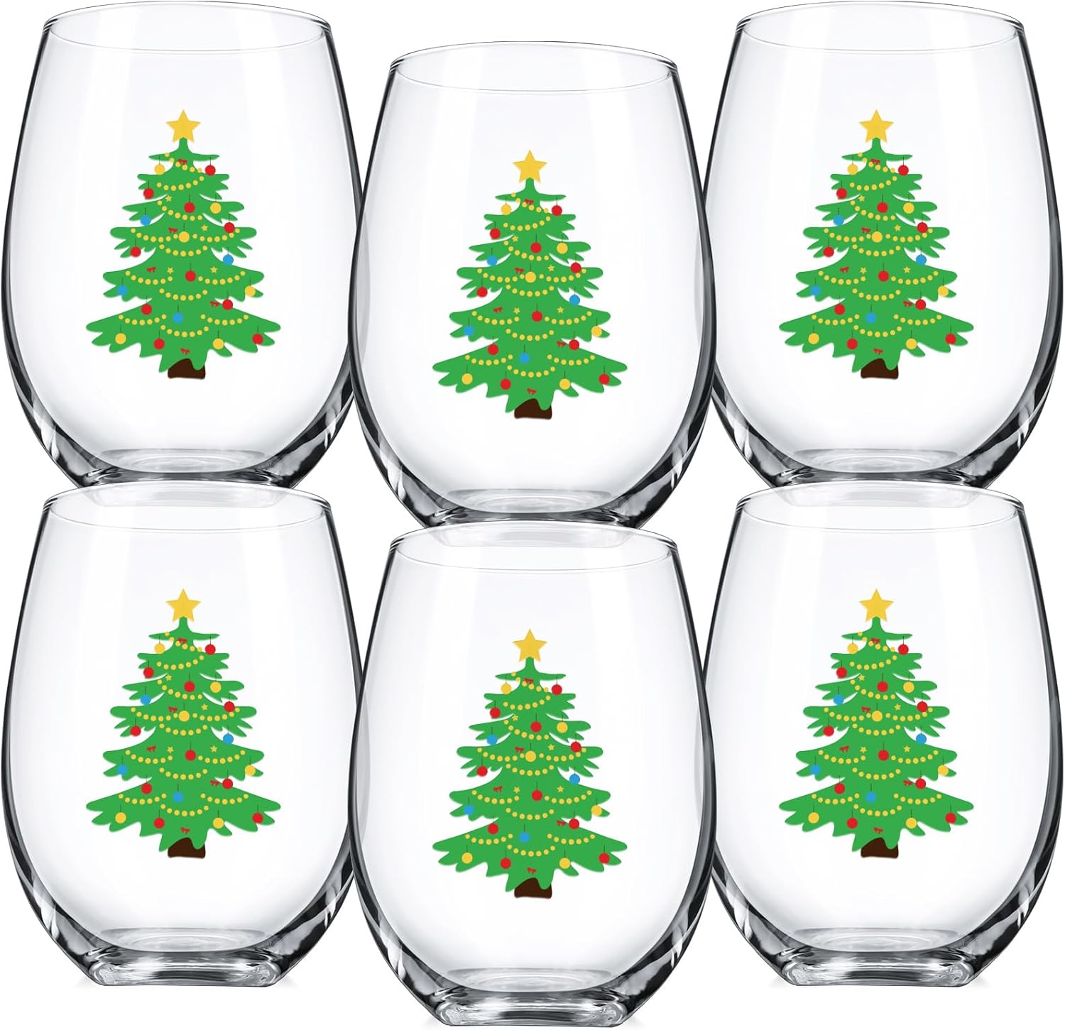 Umigy Set of 6 Winter Stemless Wine Glasses, 12 oz Winter Wine Glassware Funny Holiday Glass Drinkware Mug Cup for Holiday Festive Gatherings(Blue Sliver Xmas Tree)