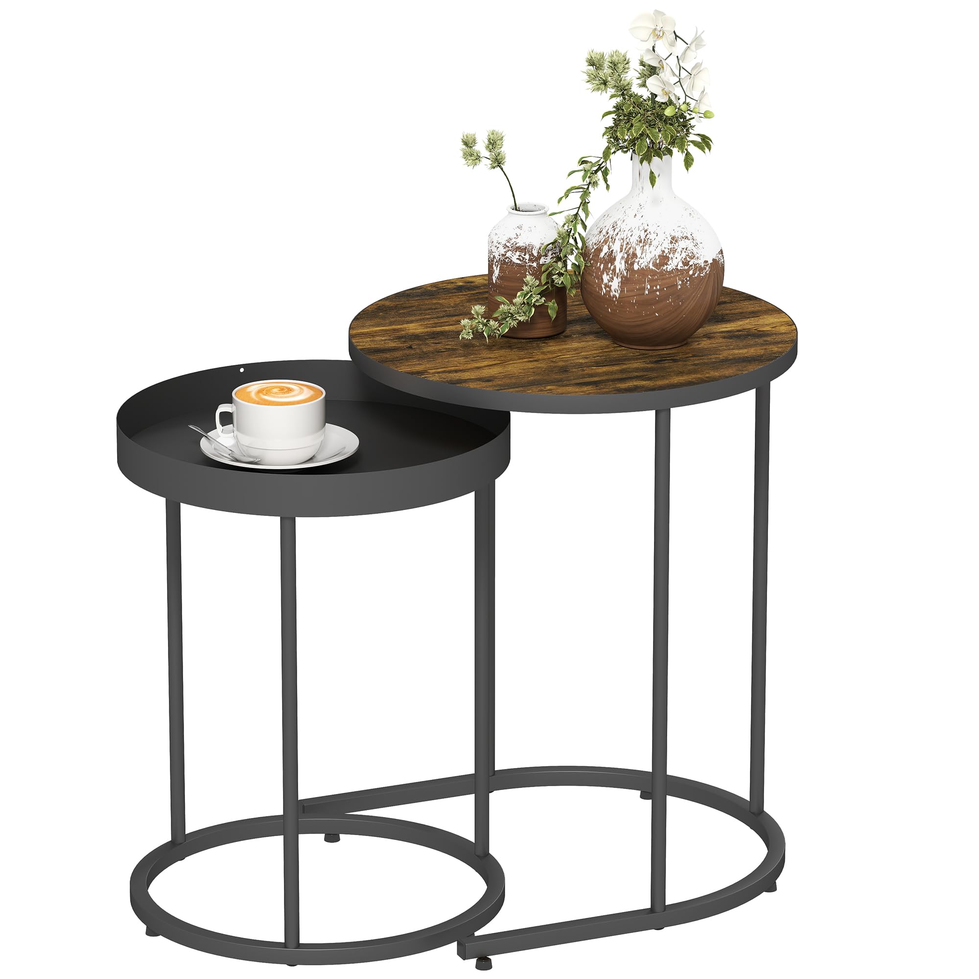 HOMCOM Nesting Side Table Set of 2, Industrial Round Tables with Tray Top and Metal Frame for Living Room, Bedroom, Home Office, Rustic Brown