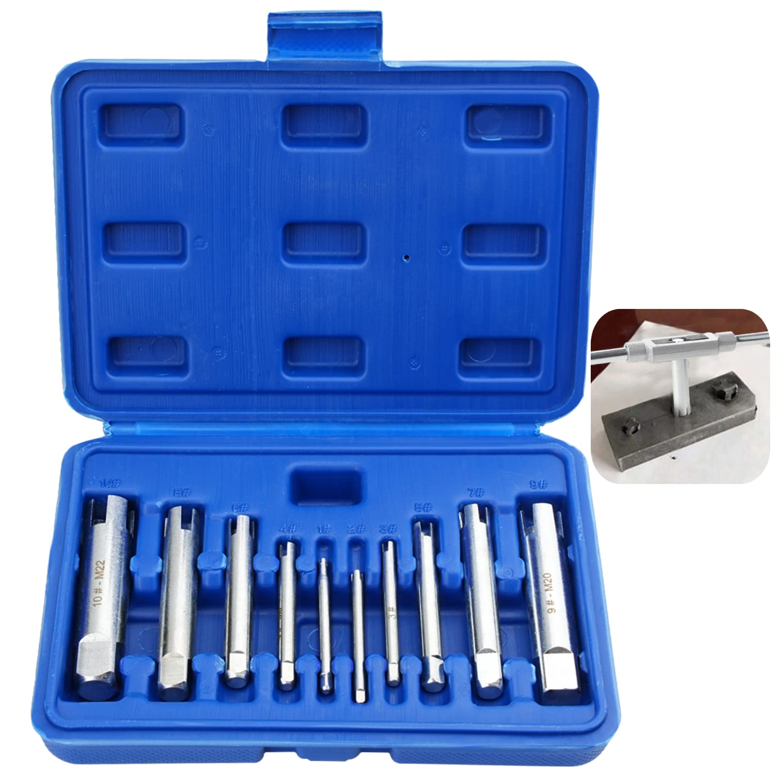 YOFAPA Tap Extractor, 10 Pcs Broken Head Screw Bolt Tap Removers Set, Broken Tap Extractor HSS Removal Tools Kit, Stripped Screw Extractors with Box, 3 Flute & 4 Flute